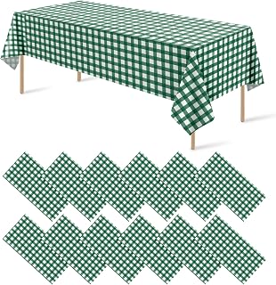 12Pack Dark Green Plastic Checkered Tablecloth, Premium Decorative Disposable Green Gingham Plaid Table Cloths for Parties, Rectangle Party Table Cover for Picnic Farm Birthday Wedding, 54x108 Inch
