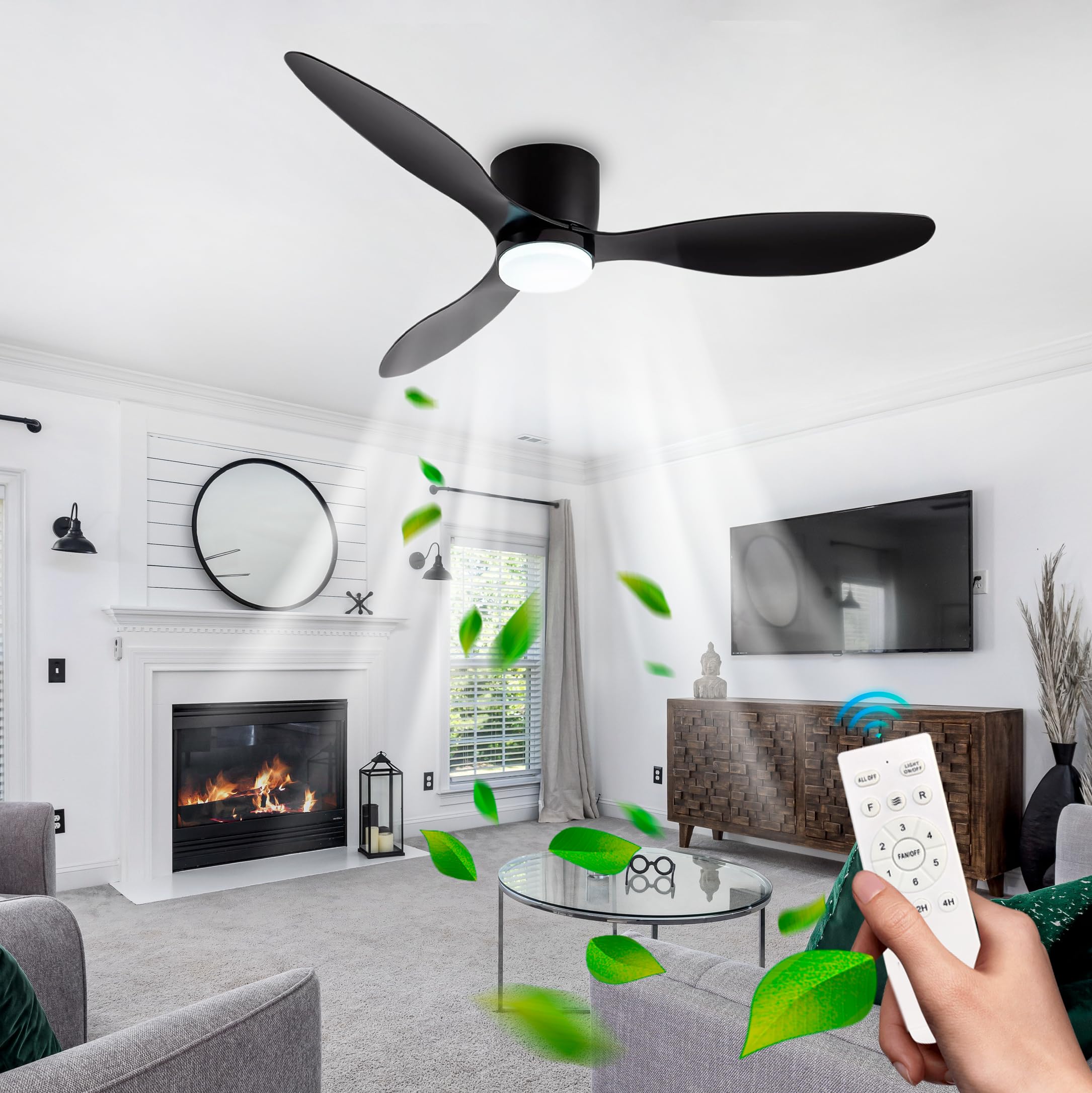 SXDMOUBK 106CM Black Ceiling Fan with Integrated Light 3 Blades Colors 6 Speeds Timer Silent DC Motor Reversible Modern for Home and Office
