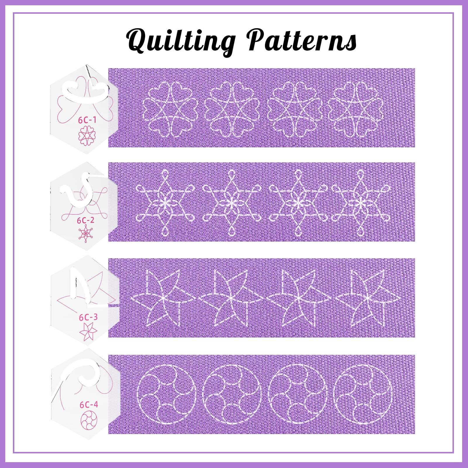 4 plantillas de acolchado de movimiento libre con 1 marco de acolchado, regla hexagonal acrílica y plantillas para máquina de acolchado de vástago bajo con instrucciones (diseño 6C)