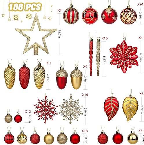 Miniatura 2 de SHareconn - Juego de 106 bolas de adorno de Navidad, bolas decorativas de plástico inastillable para decoración de árbol de Navidad, festividades,
