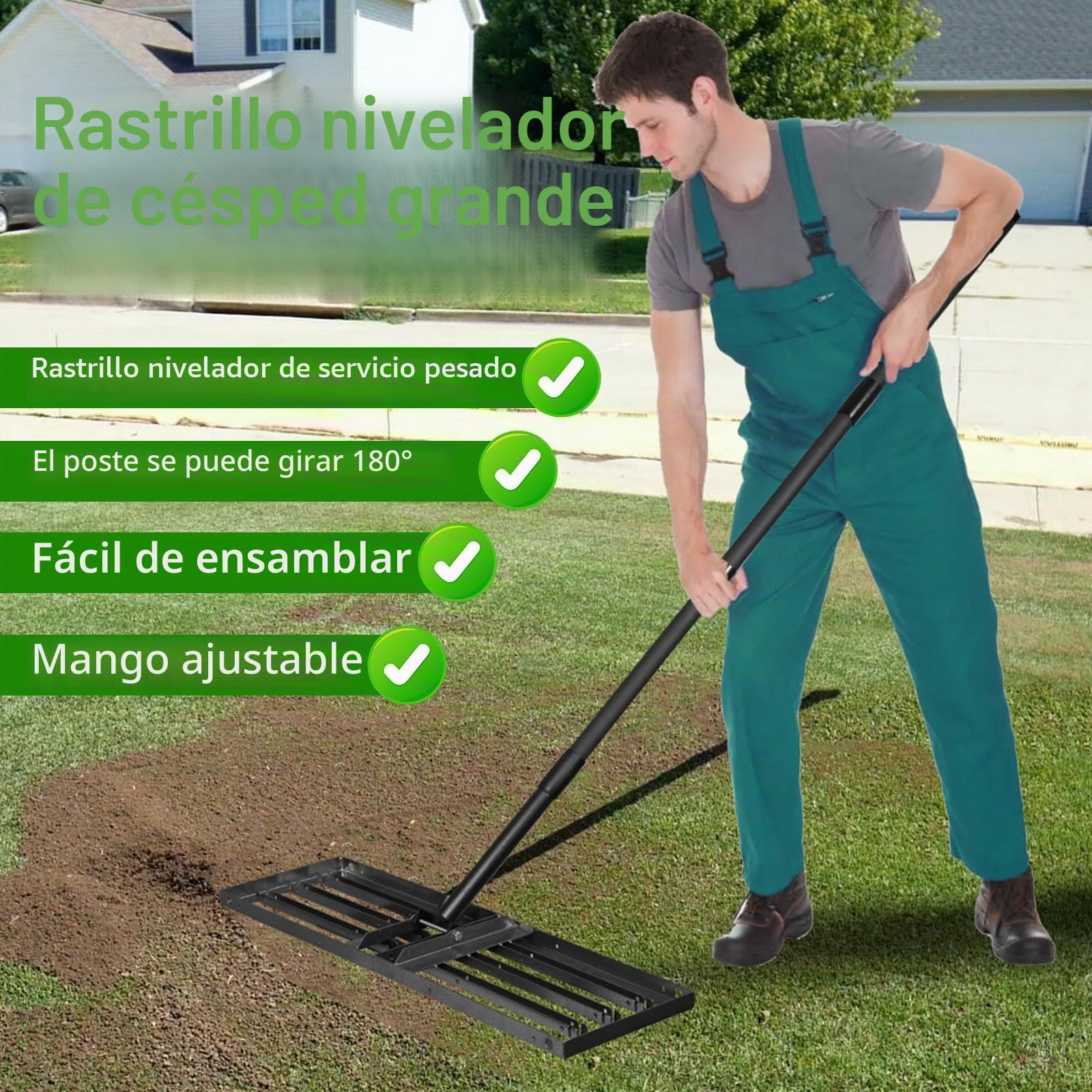 Rastrillo Nivelador de Césped 87x24cm,Herramienta Niveladora de Césped con 172.5cm de Mango Largo Ajustable para Nivelar Tierra,Arena o Suciedad,Nivelador de Césped para Patio,Jardín,Golf Campo,Granja