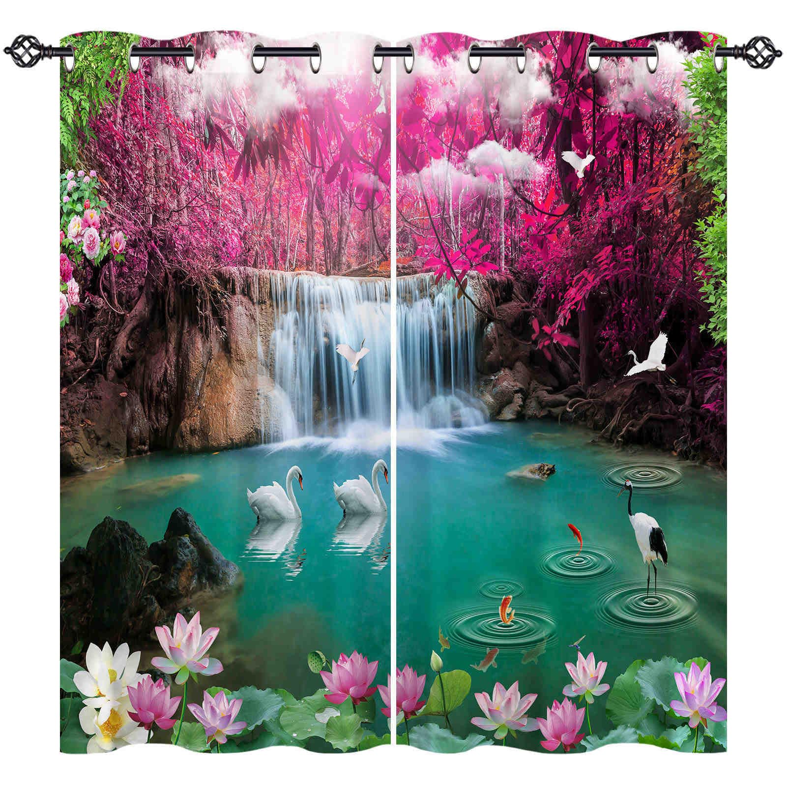 ANHOPE Nature Curtains Eyelet Blackout Thermal Insulated Curtains Forest Waterfall River Swan Lotus Print Pattern Soft Soundproof Privacy Window Drapes for Bedroom Living Room 42 x 63 Inch 2 Panels — image 1