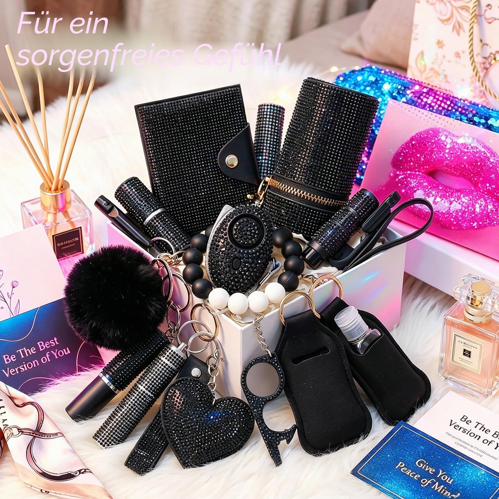 Sicherheits-Schlüsselanhänger-Set für Frauen, Armband Wristlet Schlüsselanhänger für Mädchen, Pfeife und Pompon, Schwarz, Standard
