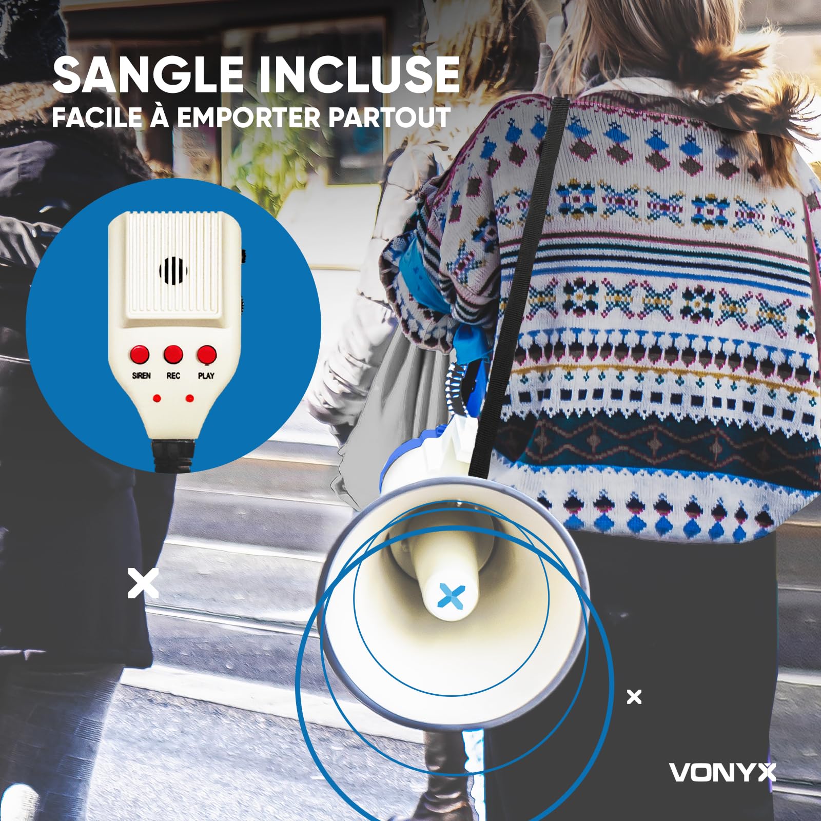VONYX MEG060 Kit Mégaphone Professionnel 60W - Batterie Lithium-ION Rechargeable, Idéal pour Les Déplacements en Manifestations ou Matchs