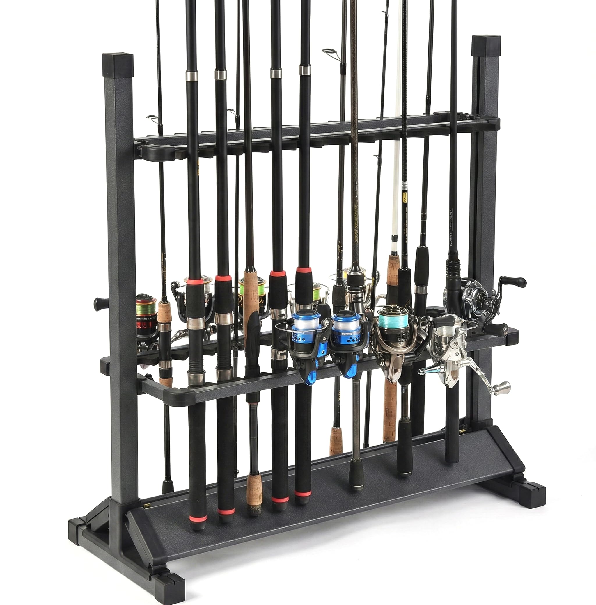 24-Rod Aluminum Alloy Rolling Fishing Pole Holder, Rustproof Fishing Rod Rack with 360° Lockable Wheels, Multi-Functional Storage Organizer for Garage & Home, Fits Most Rods & Golf Clubs (Gray)