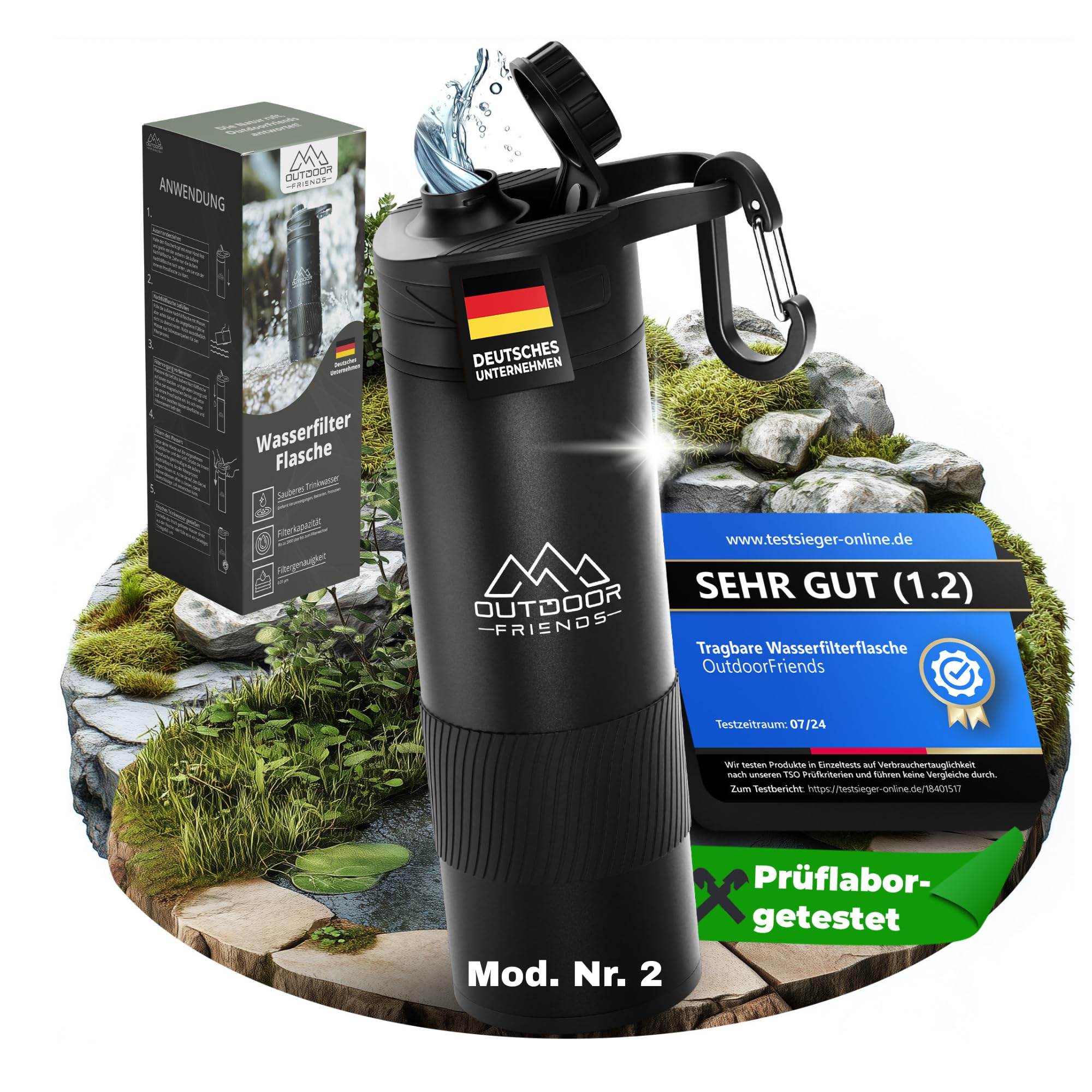 OutdoorFriends - Wasserfilter Outdoor Survival - Wasserfilter Flasche - Trinkflasche mit Filter - Wasseraufbereiter Trinkwasser [EasyPress] 0,01 µm 2000L Filterkapazität entfernt 99,9% Bakterien