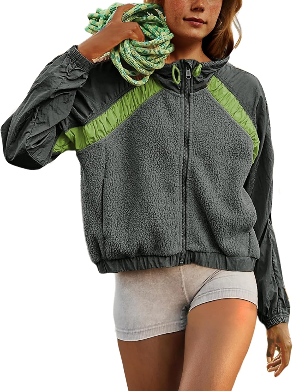 APAFES Womens Fleece Jacket Zip Up Long Sleeve Patchwork Fall Winter Sherpa Coats Activewear