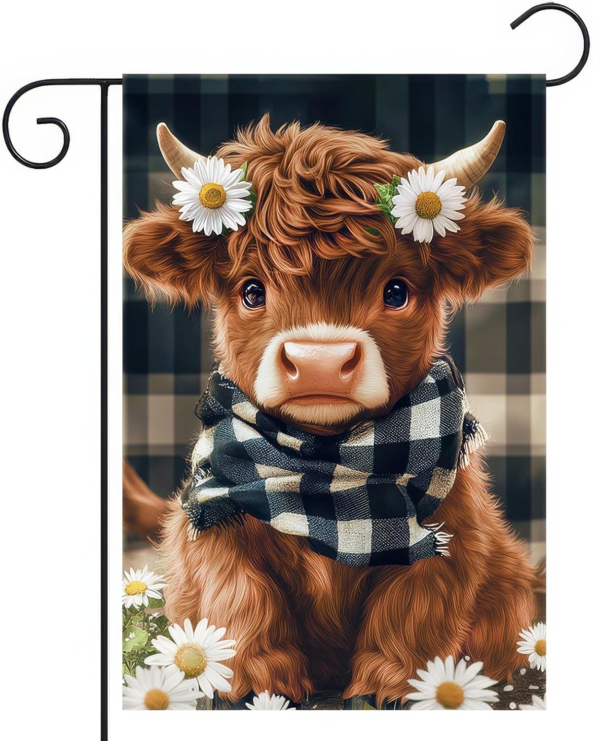Highland Cow Garden Flag 12x18 Inch Double Sided Plaid Daisy Yard Flags Floral Cow Farmhouse Flag Adorable Farm Animal Outdoor Decoration for Seasonal Summer Spring Yard Decor