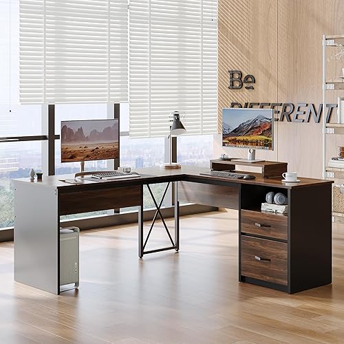 Miniatura 6 de Bestier Escritorio elevado en forma de L con cajón de archivos, escritorio de oficina de 55 x 55 pulgadas con cajones de almacenamiento reversibles,