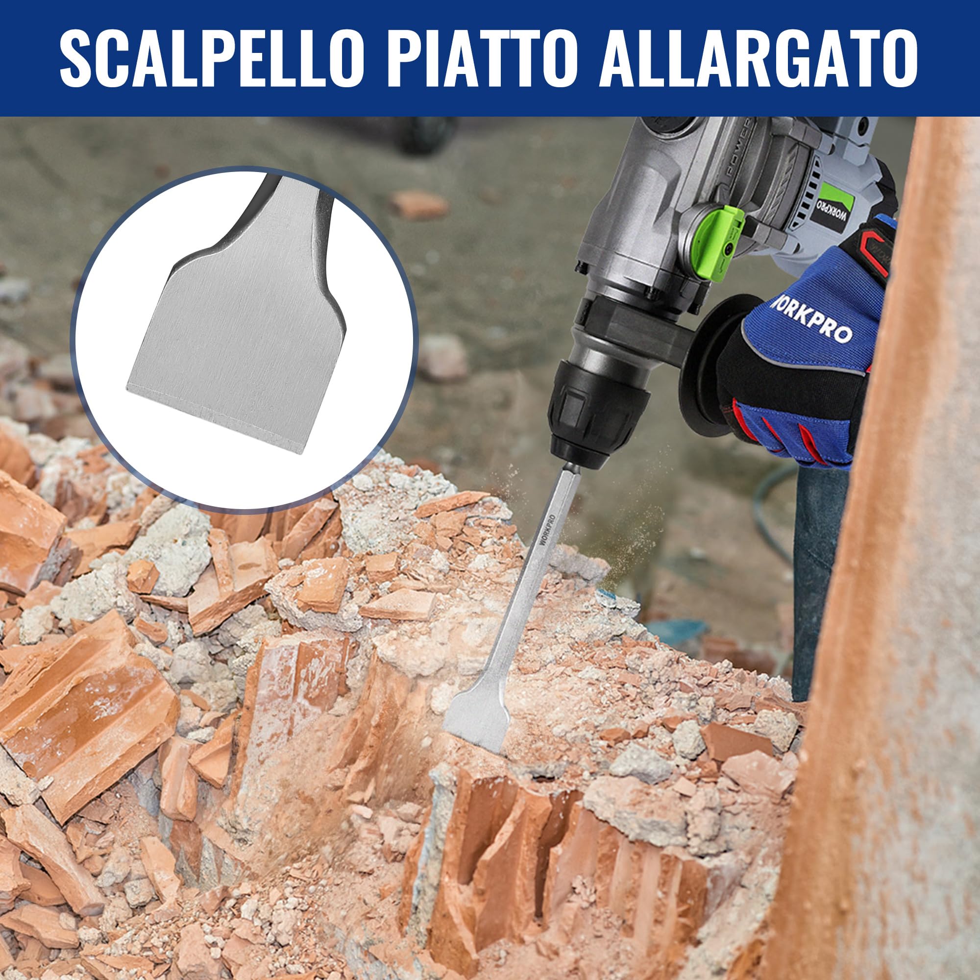 WORKPRO Set di Punte e Scalpelli SDS Plus da 17 Pezzi, Accessori per Trapano a Percussione, con Custodia, per Calcestruzzo, Piastrelle, Mattoni, Cemento, Pietra e Muratura