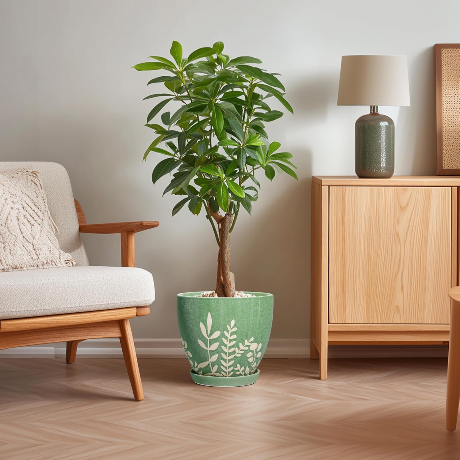 10 Inch Ceramic Plant Pot with Drainage and Saucer - Large Decorative Flower Pot for Indoor and Outdoor Plants, Round Indoor Planter, Gifts for Plant Lovers, Home Office Patio Decor, Green