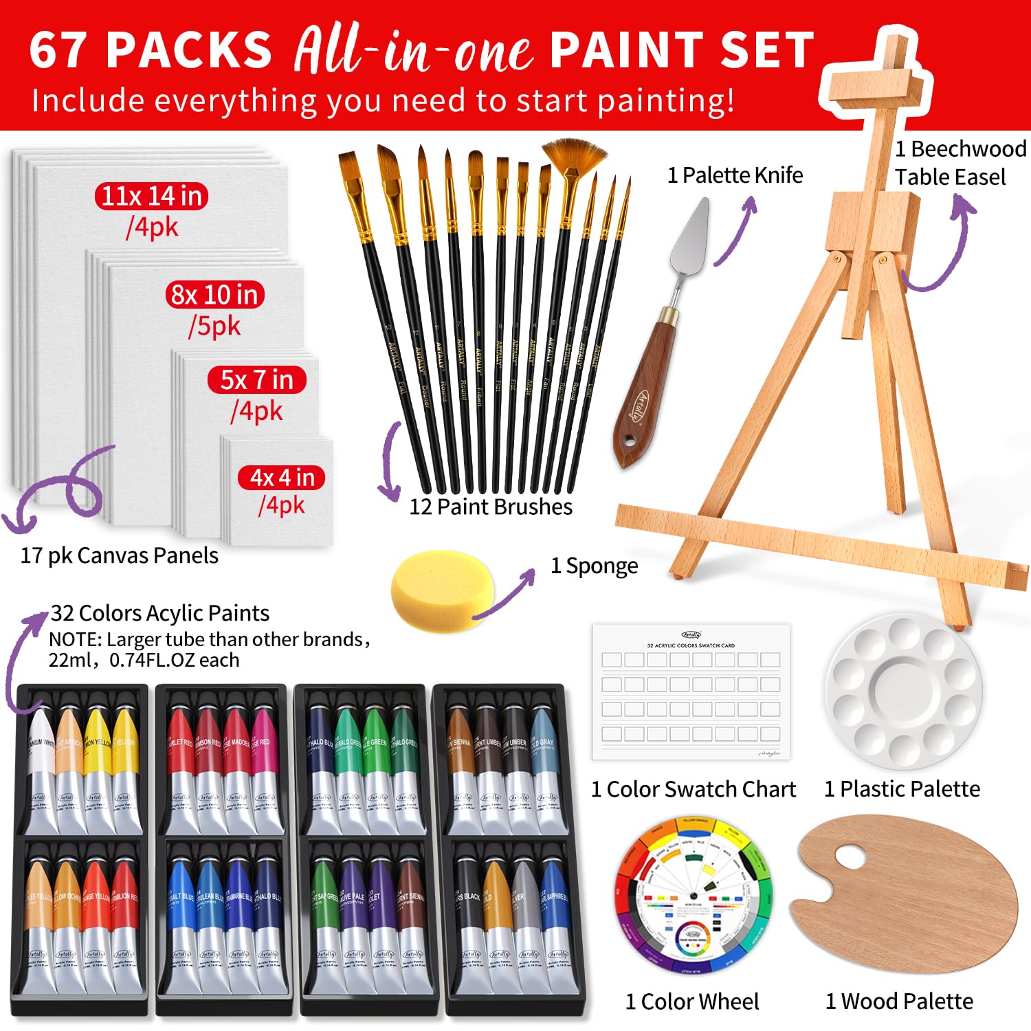 ARTALLY Juego de pintura acrílica para adultos y niños, 67 piezas de pintura en lienzo, pintura acrílica de 32 colores (22 ml), caballete de mesa, pinceles, lienzo, kit de suministros de pintura