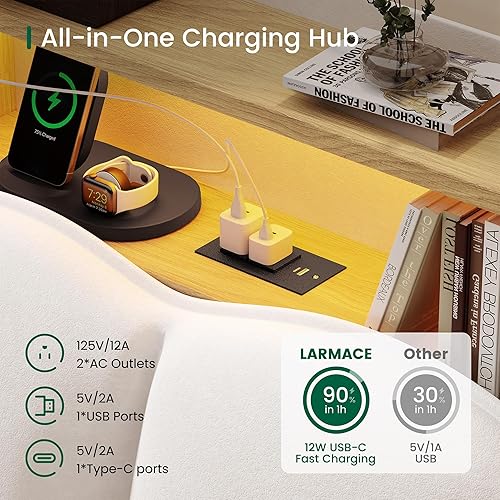 Miniatura 3 de LARMACE Base de cama tamaño Queen con luces LED y estación de carga, plataforma tapizada de terciopelo con cabecera de almacenamiento, no necesita