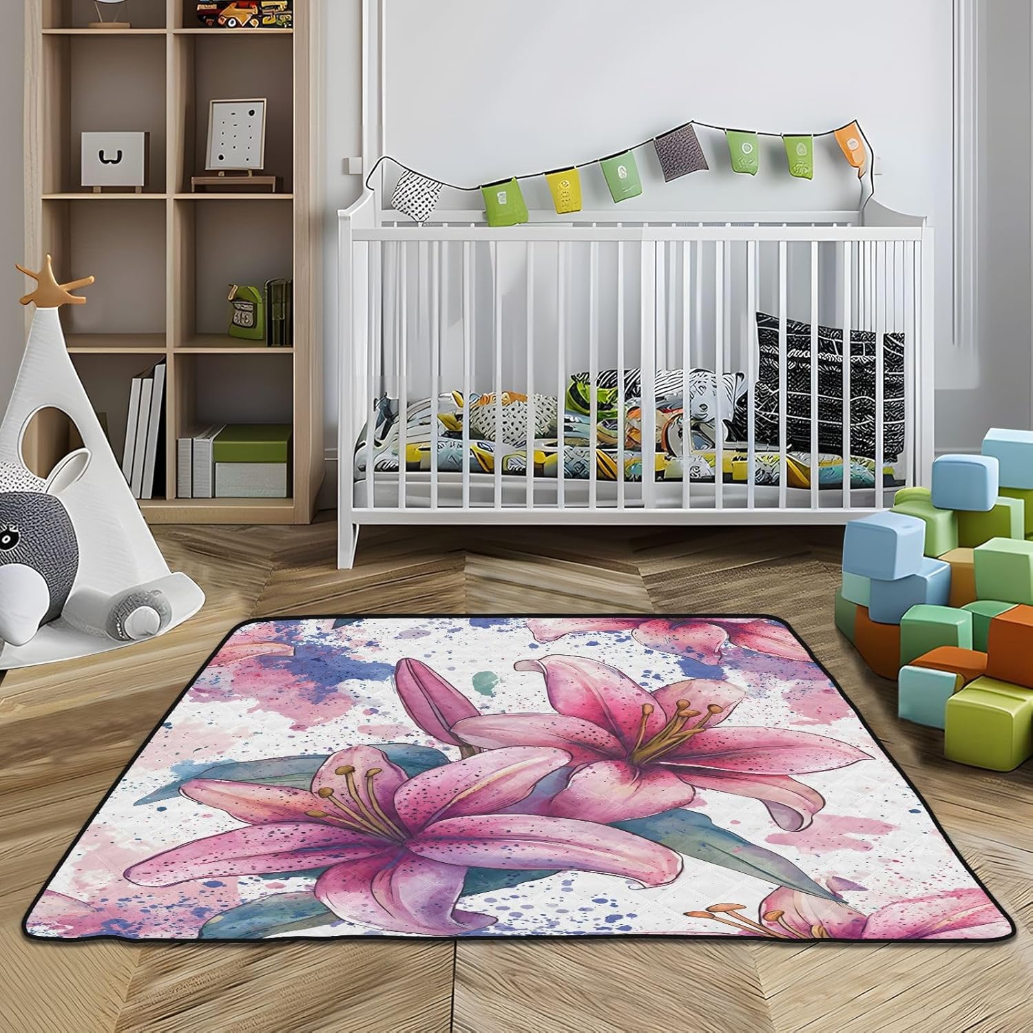Watercolor Lily Pattern Baby Play Mat, 50“ X 50” Washable Folding Crawling Mat, Baby Floor Mat, Soft, Thick, Non-Slip