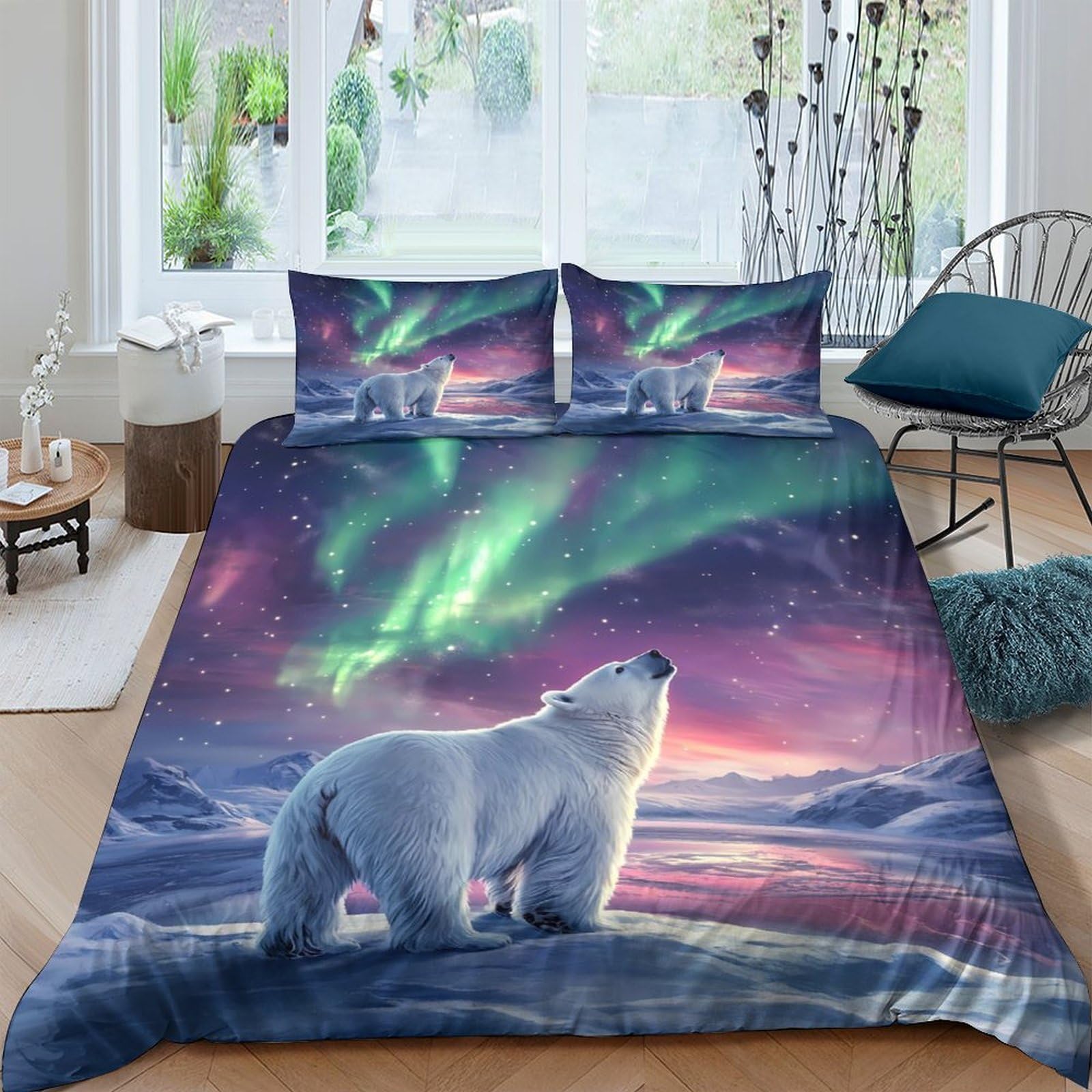 GPLZQXKJNH 3D Printed Northern Lights Polar Bear Duvet Cover Microfiber Soft Breathable Arctic Quilt Cover Set with 2 Pillowcases for Bedroom Decor Single（135x200cm）