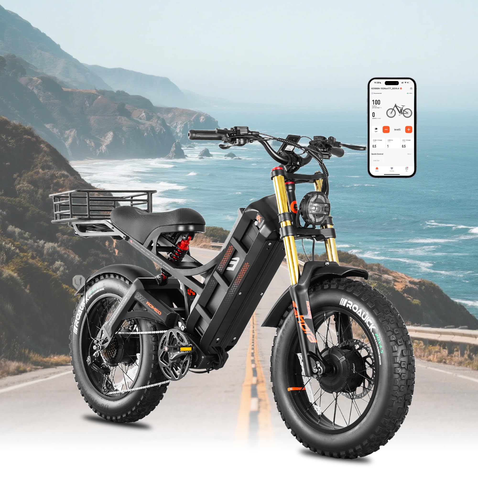 eAhora 2025 Romeo Long Range Electric Bike for Adults, 2500W/1600W, 52/48V60Ah Commuter Ebike, 40/34MPH Fast Electric Mountain Bicycle, 20"/26" Fat Tires, Color Display/App Control/All-terrain/weather