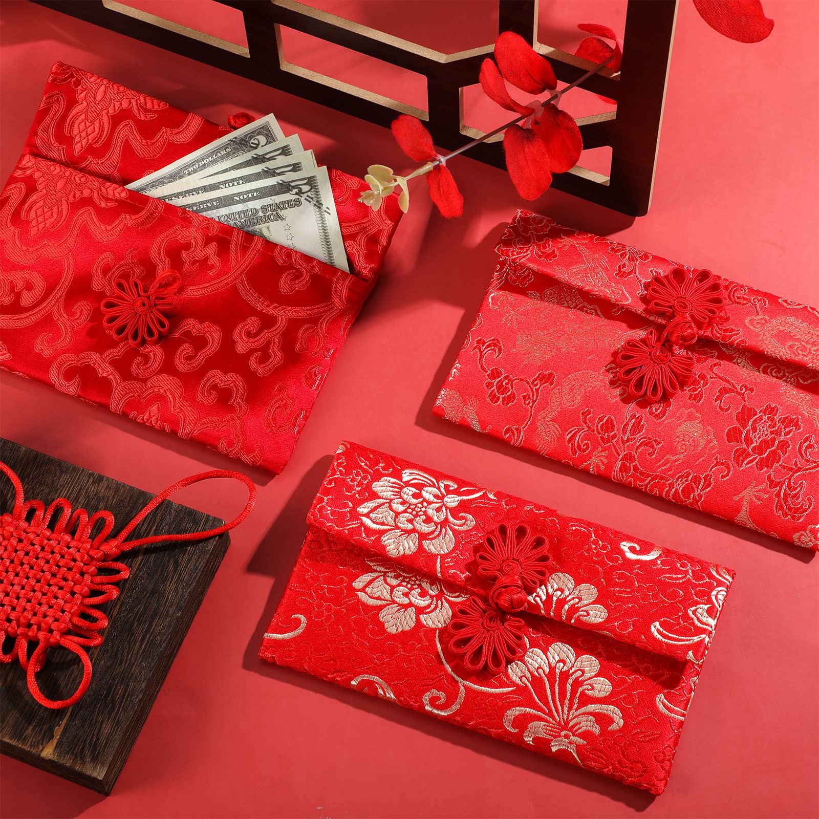 3 Buste Rosse Cinesi In Seta Ricamate – Motivi Drago, Fenice E Peonia Per Capodanno E Matrimoni