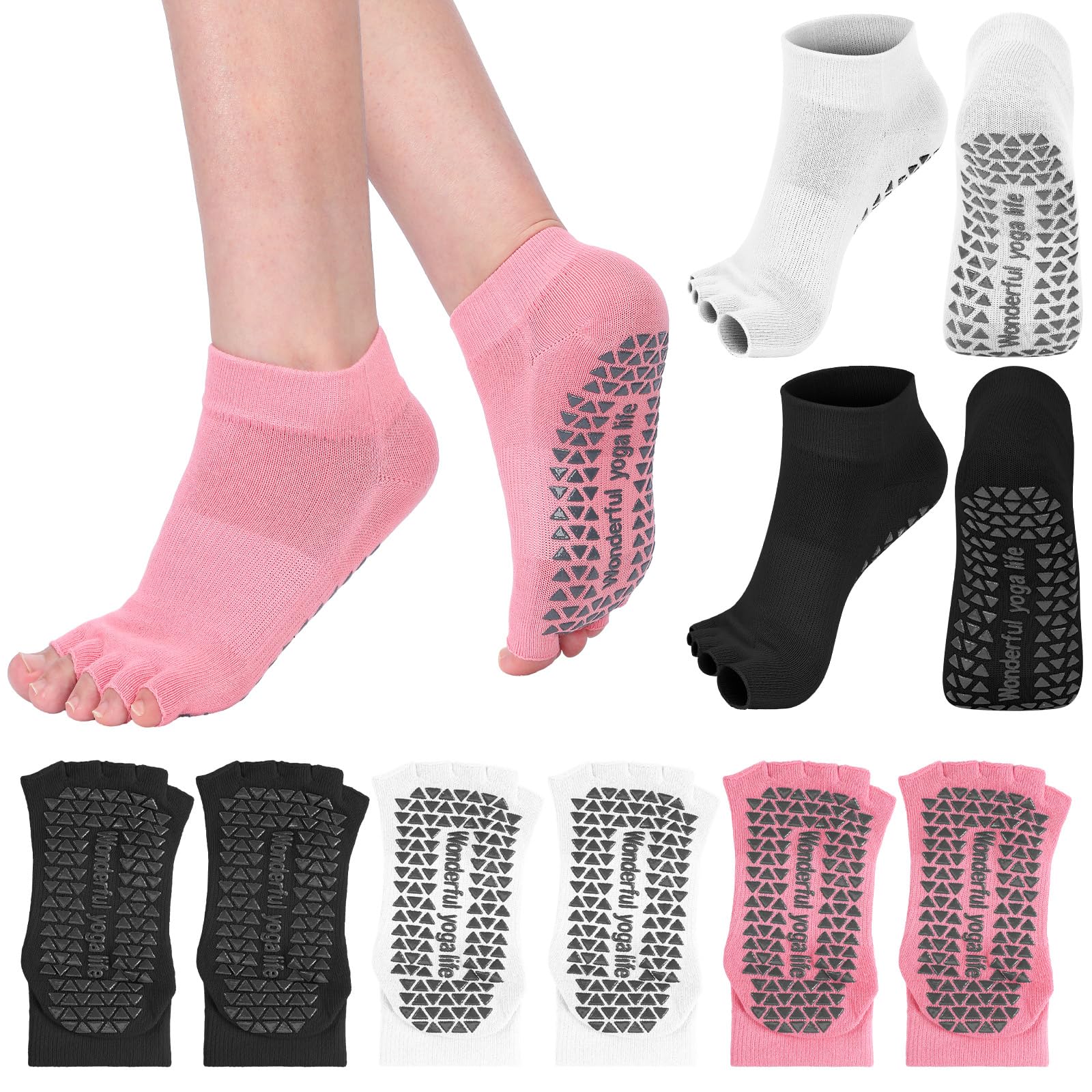 Mepase 3 Pairs Toeless Pilates Socks for Women Non Slip Open Toe Yoga Socks with Grips for Barre Dance Studio Size 5-9
