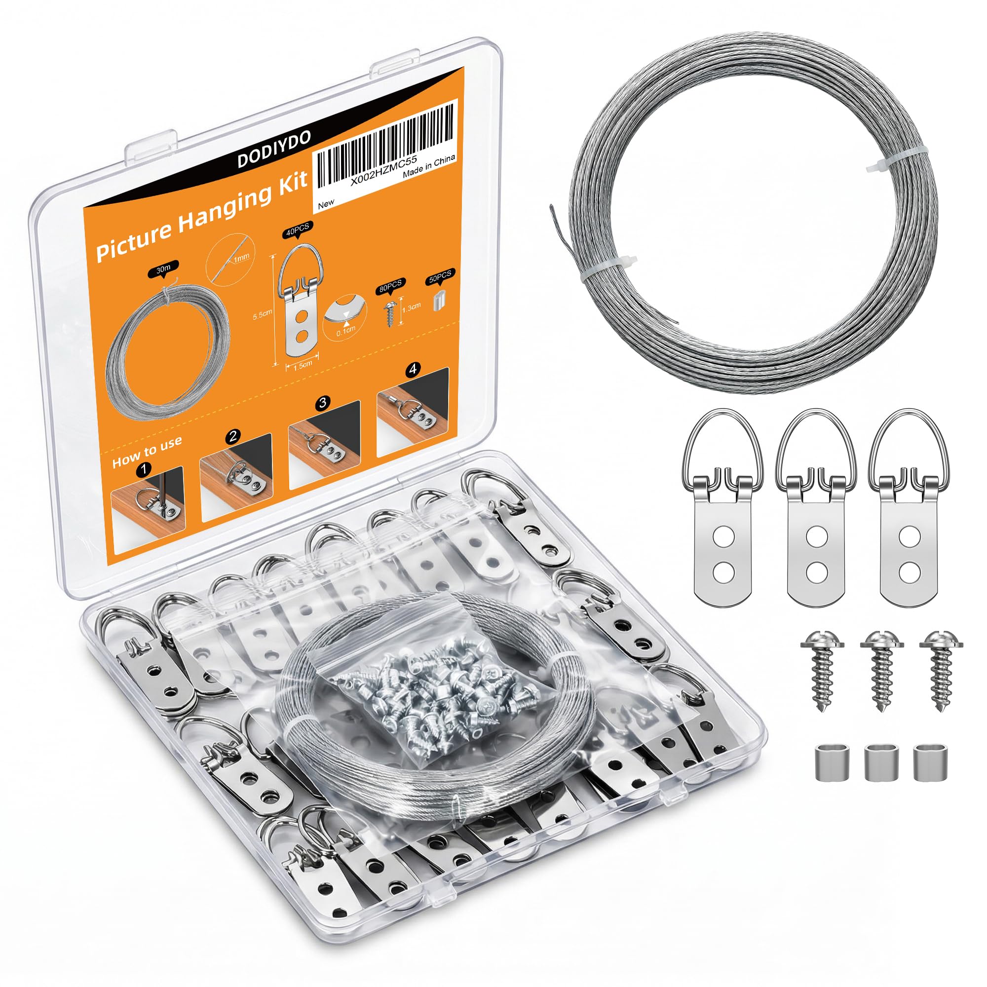 40 Picture Hanging Kit with Wire Screws D-Ring Hangers (Silver)