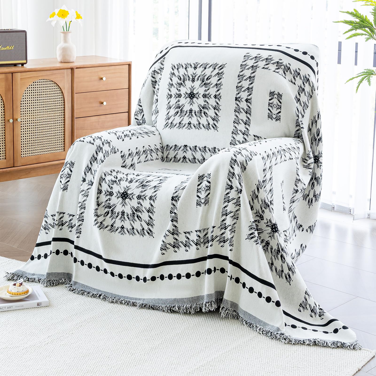 MDSASFD Houndstooth Sofa Covers Washable, Boho Couch Cover for Dogs Washablee, Sofa Blanket Cover, Medium Couch Covers for Recilner&Chair(1pc/Black/71