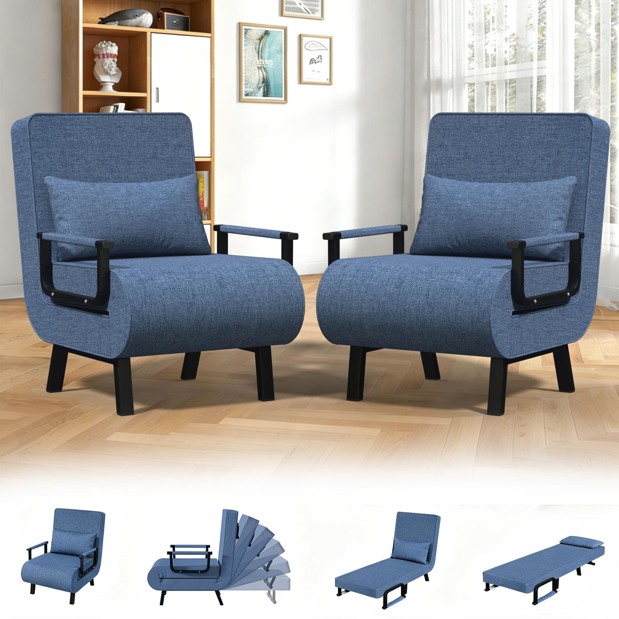 2PCS Single Sofa Bed Chair Folding 4-in-1 Multi-Functional Convertible Recliner Chair 6-Position Adjustable Backrest Foldable Memory Foam Metal Frame Guest Bed Max.180kg Sleeper Couch Pillow, Blue