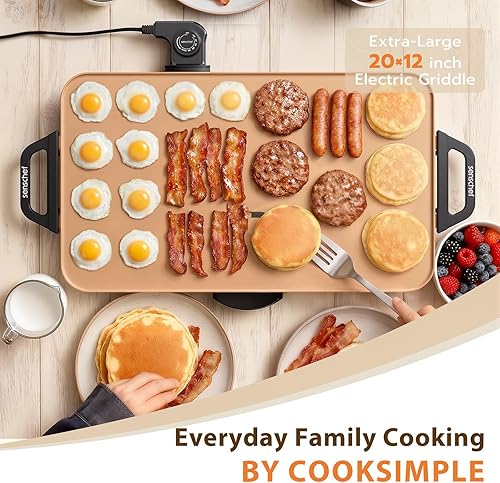 Vista 2 de CookSimple Everyday - Plancha eléctrica de 20"x12", superficie cerámica PPG antiadherente de 1700W, diseño plano grande, perfecto para comidas Cobre