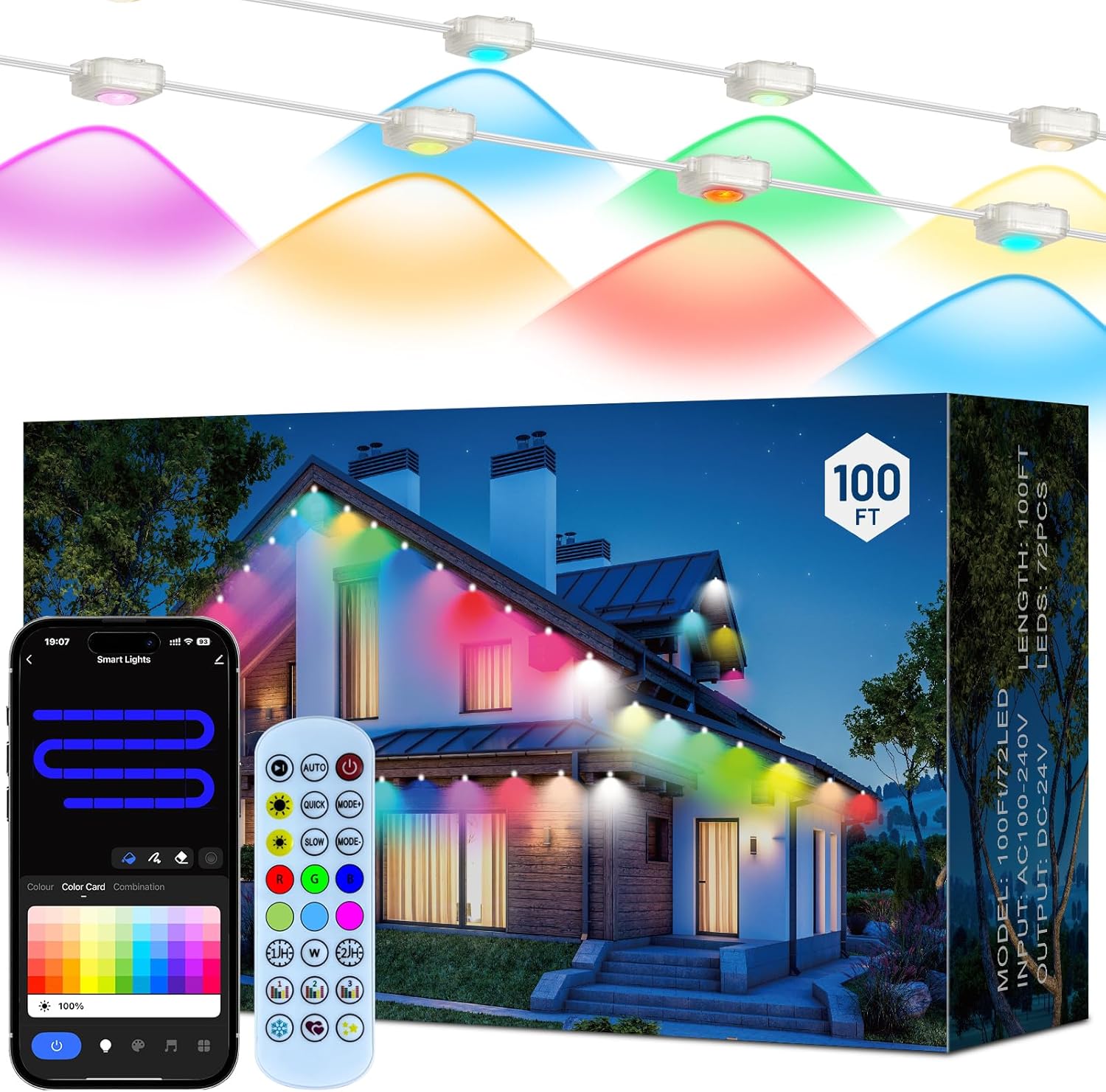Permanent Outdoor Lights, DIY RGB+IC Smart Eave Lights with App Control, Support Alexa and Google Assistant, 90 Scene Modes Outdoor Light for Holiday & Christmas Decorations, White, 100ft