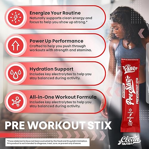 Miniatura 5 de Clean Nutraceuticals Palitos energéticos en polvo para antes del entrenamiento, cafeína, 100 mg, mezcla de bebida energética, monohidrato de