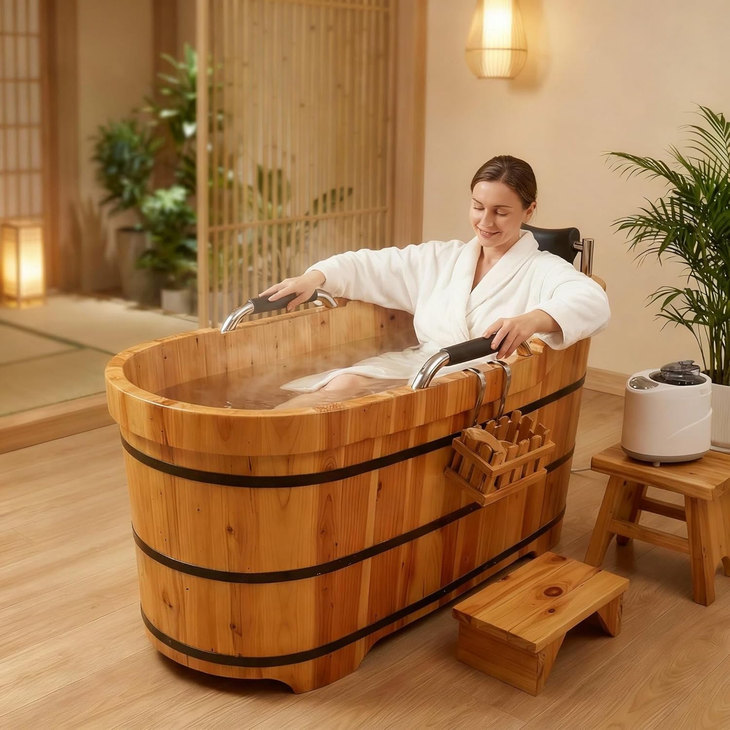 Natural Cypress Wood Hot Tub with Steam Lid & Non-Slip Handrails – 47" Freestanding Spa Bathtub for Adults and Kids, Aromatherapy Soaking Tub, Home Medicinal Bath