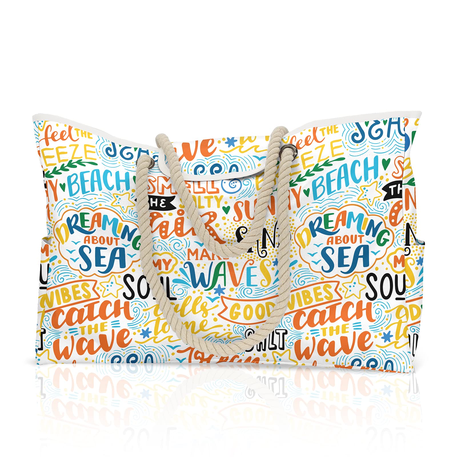CORIOS Bolso de Playa Mujer Bolsa Playa Grande XXL Familiar Bolsa Piscina Bolso Shopper Impermeable Bolsos de Hombro Bolso Tote para Viajes Gimnasio Natación Vacaciones Playa Letras de Colores