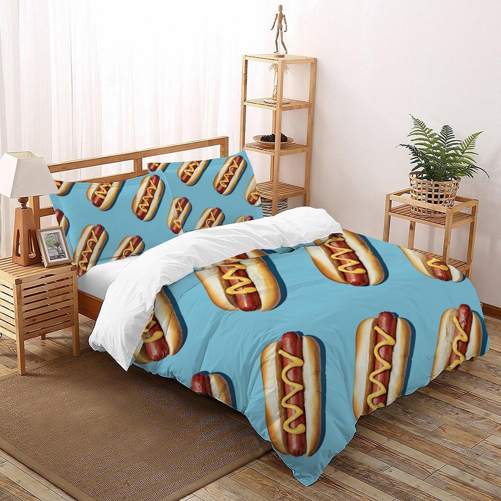 Housse de couette 3D hot-dog 260x220 cm avec 2 taies d'oreiller pour lit super king