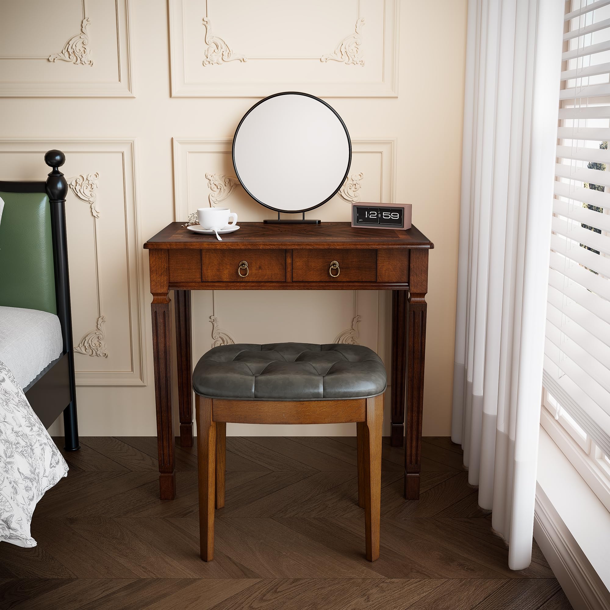 Biaco Small Wood Makeup Vanity Desk Set, Vintage Table + Padded Bench Stool