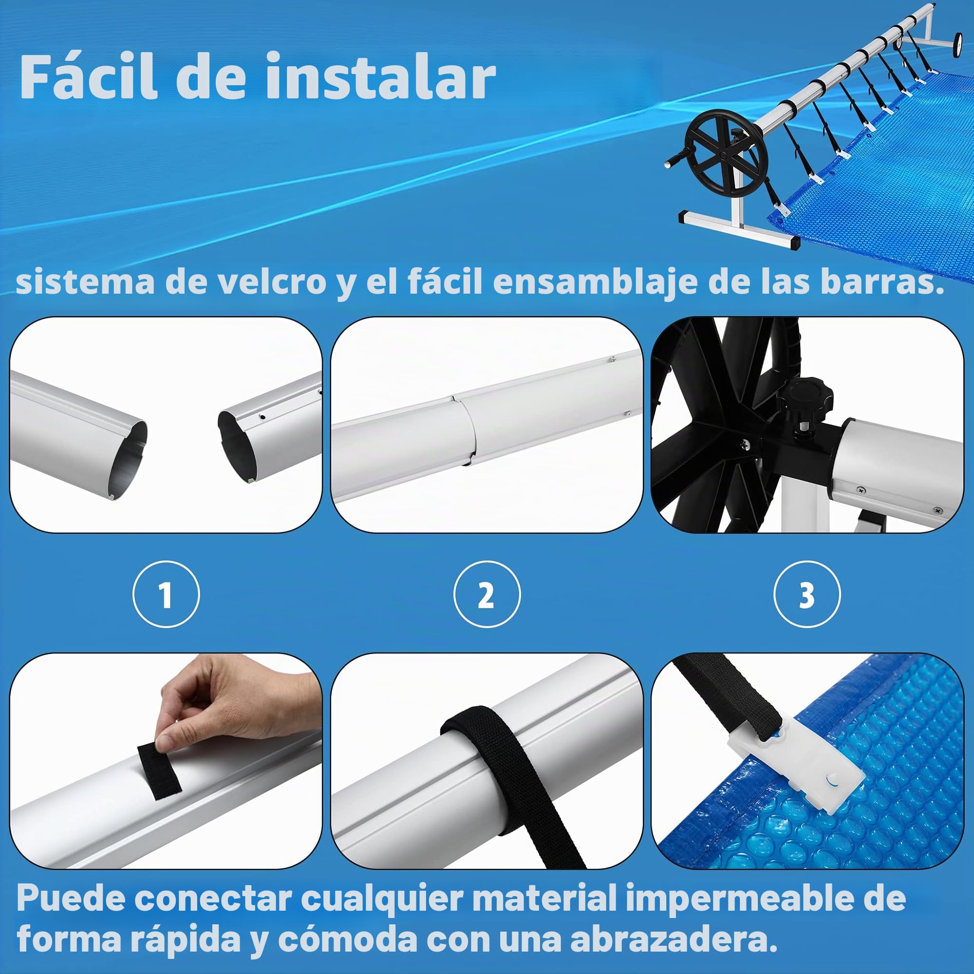 Sistema de enrollado para piscina, accesorios para lonas de piscina, lona solar, incluye cintas y ruedas, 3-5,7 m