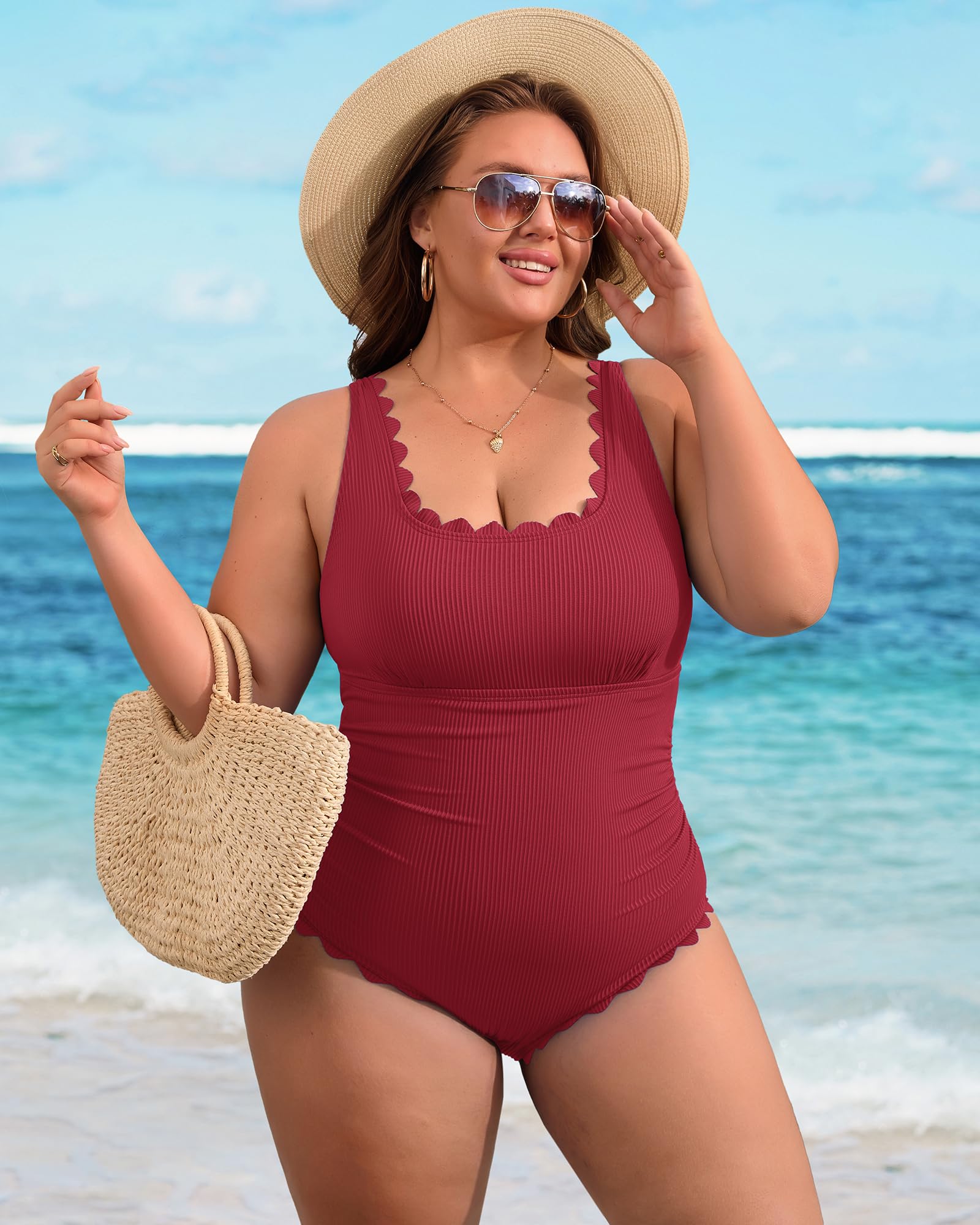 Charmo Plus Size Swimsuit for Women 2025 Tummy Control Scalloped Ribbed One Piece Swimsuits Ruched Modest Bathing Suit