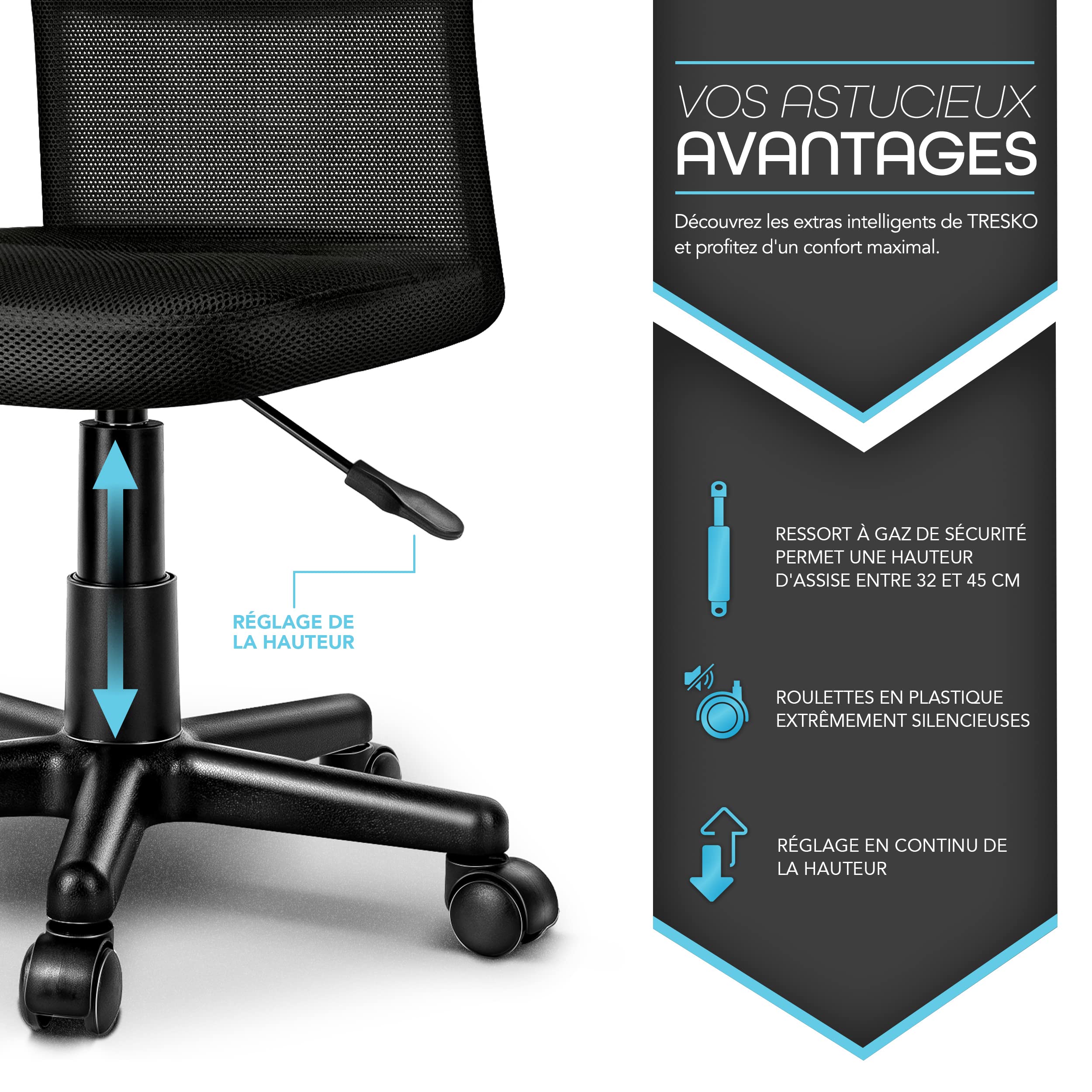 TRESKO® Chaise Fauteuil siège de Bureau Ergonomique, de 7 Couleurs différentes, Lift SGS contrôlé (Noir, sans accoudoirs)