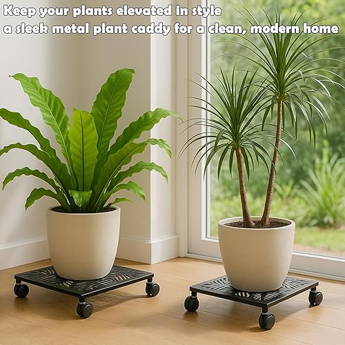 Miniatura 8 de Paquete de 2 cestas cuadradas de metal de 12 pulgadas con ruedas, soporte grande para plantas rodantes para interiores y exteriores, carrito con