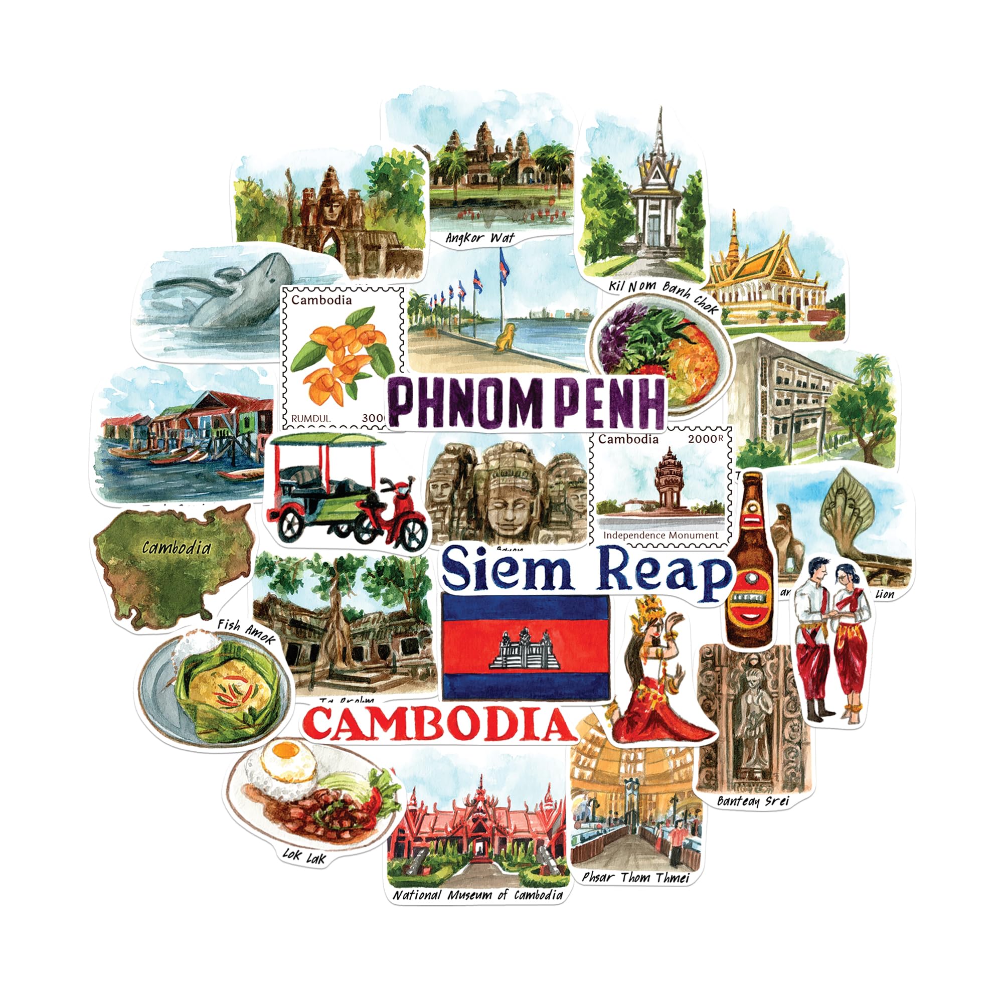 Navy Peony Captivating Cambodia Travel Stickers (28pcs) - Hand-Illustrated Angkor Wat, Khmer-Themed Vacation Decals for Journals, Scrapbooks, Luggage