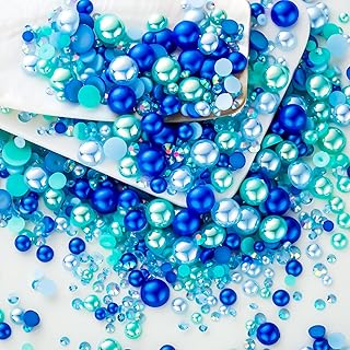 60g Cyan Blue Flat Back Pearls Rhinestones for Crafts Mixed Size 3mm-10mm AB Color Round Half Pearls Flatback Pearl Beads and Resin Rhinestones Set for Face Art with Glue