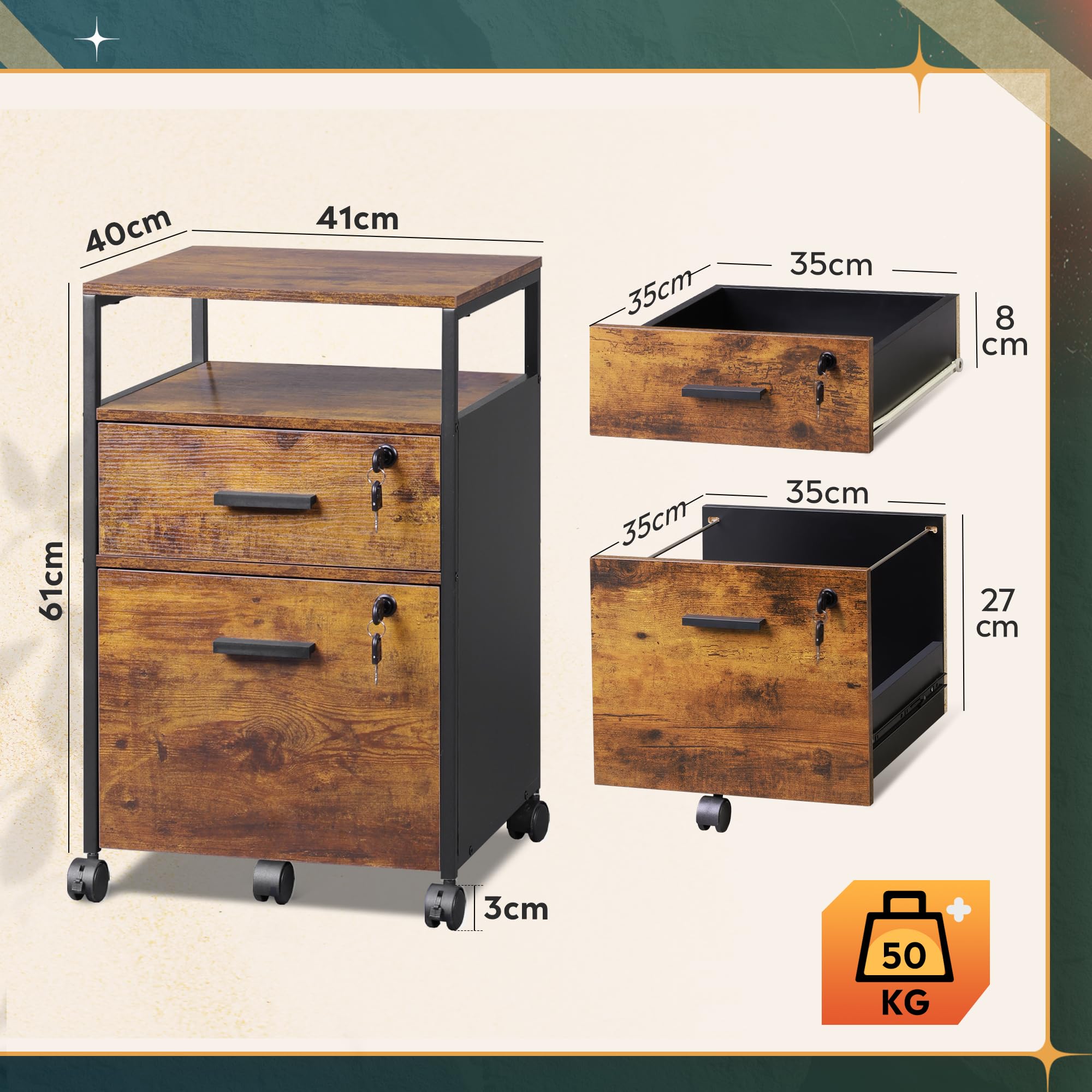 DEVAISE Rollcontainer mit 2 Schubladen und offenen Ablagen, Mobiler Aktenschrank mit Rollen, Druckertisch für DIN A4/Legal/Letter, Schubladenschrank für Büro und Home Office, Retro Braun