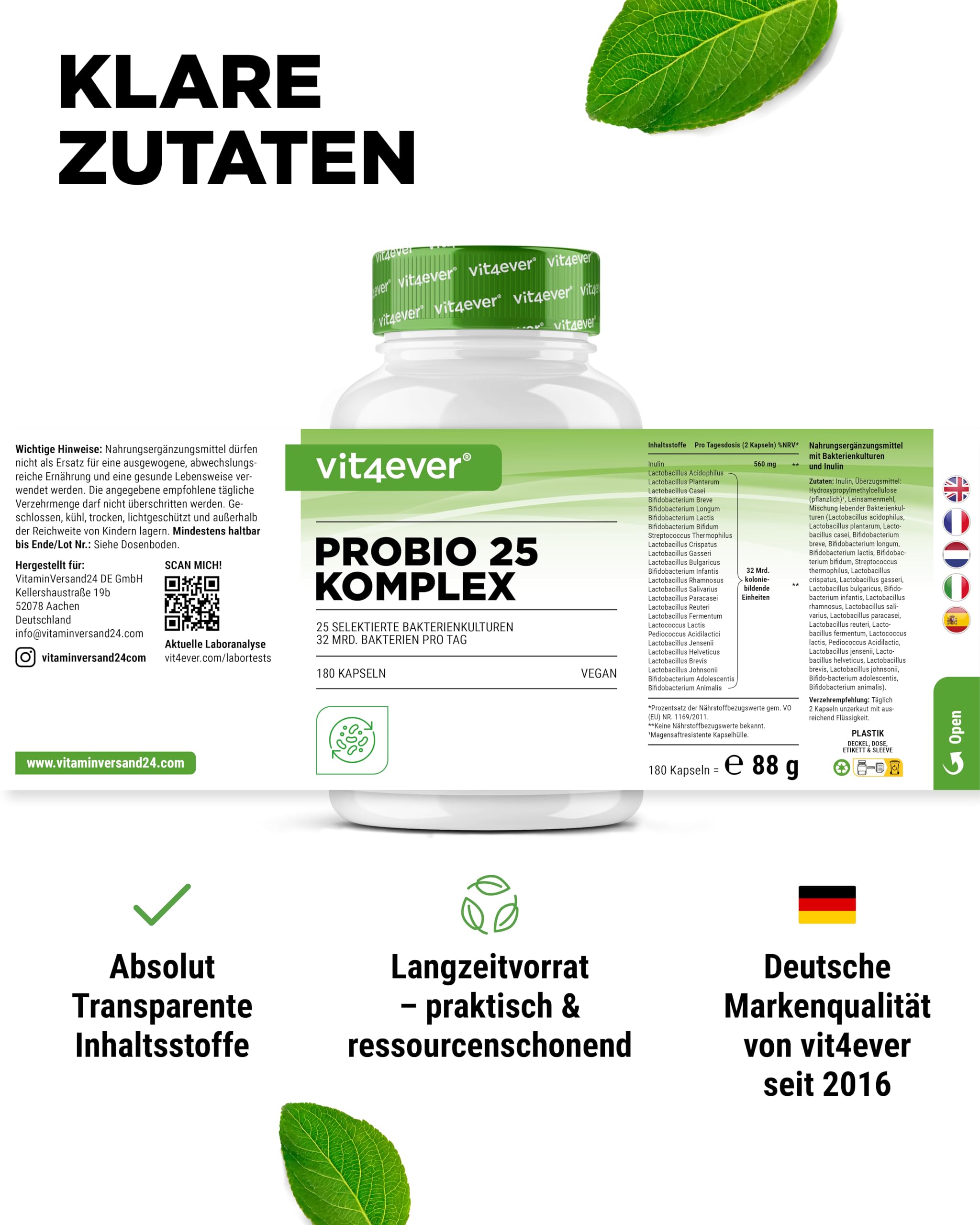 vit4ever Probio 25 Probiotika Komplex - 180 magensagtresistente Kapseln | Mit Inulin, magensaftresistente Kapseln, 3-Monats-Vorrat, vegan, 25 Stämme, 32 Mrd. KBE