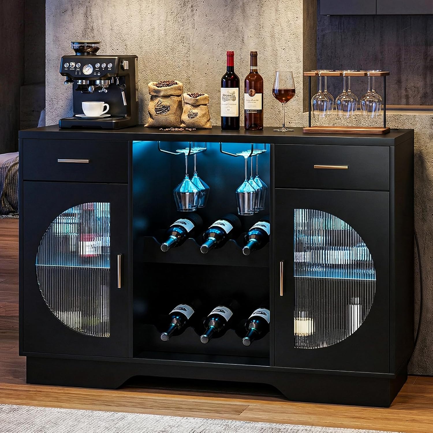 Wine Bar Cabinet with LED Light, Modern Liquor Cabinet Coffee Bar Cabinet for Living Room Entryway Kitchen Buffet Sideboard with Wine Rack & Glass Holder, 2 Drawers, Charging Station, Black