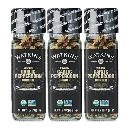 Watkins Molinillo orgánico, ajo y pimienta, 2.7 onzas, paquete de 3