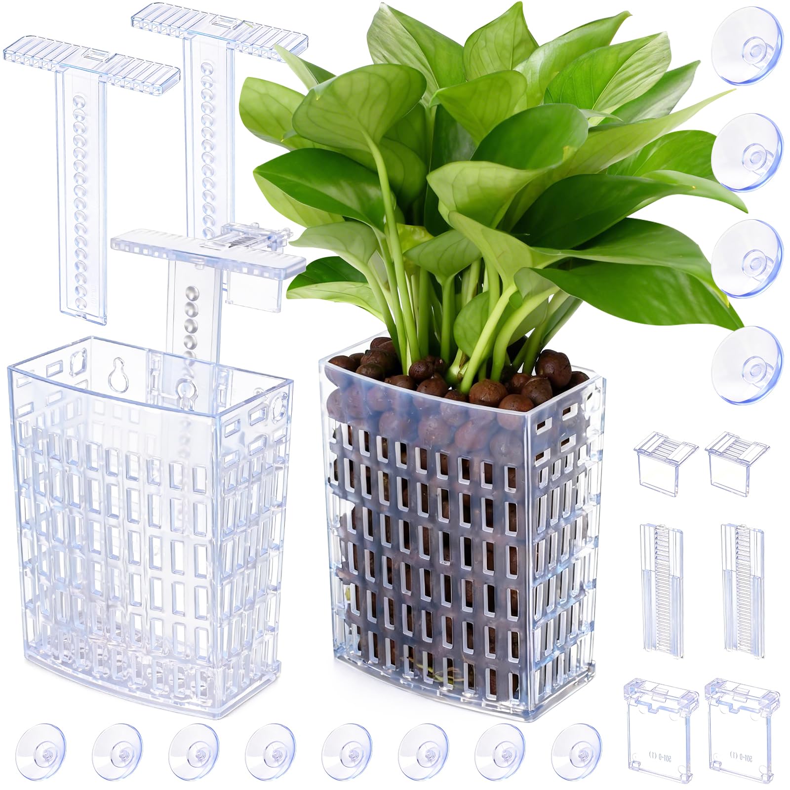 2026 Neues Modell Höhenverstellbarer Aquarien-Pflanzenhalter mit Saugnapf & Teleskop-Haken, für Aquaponik Systeme und Aquascaping Deko (2 Stück) Transparent