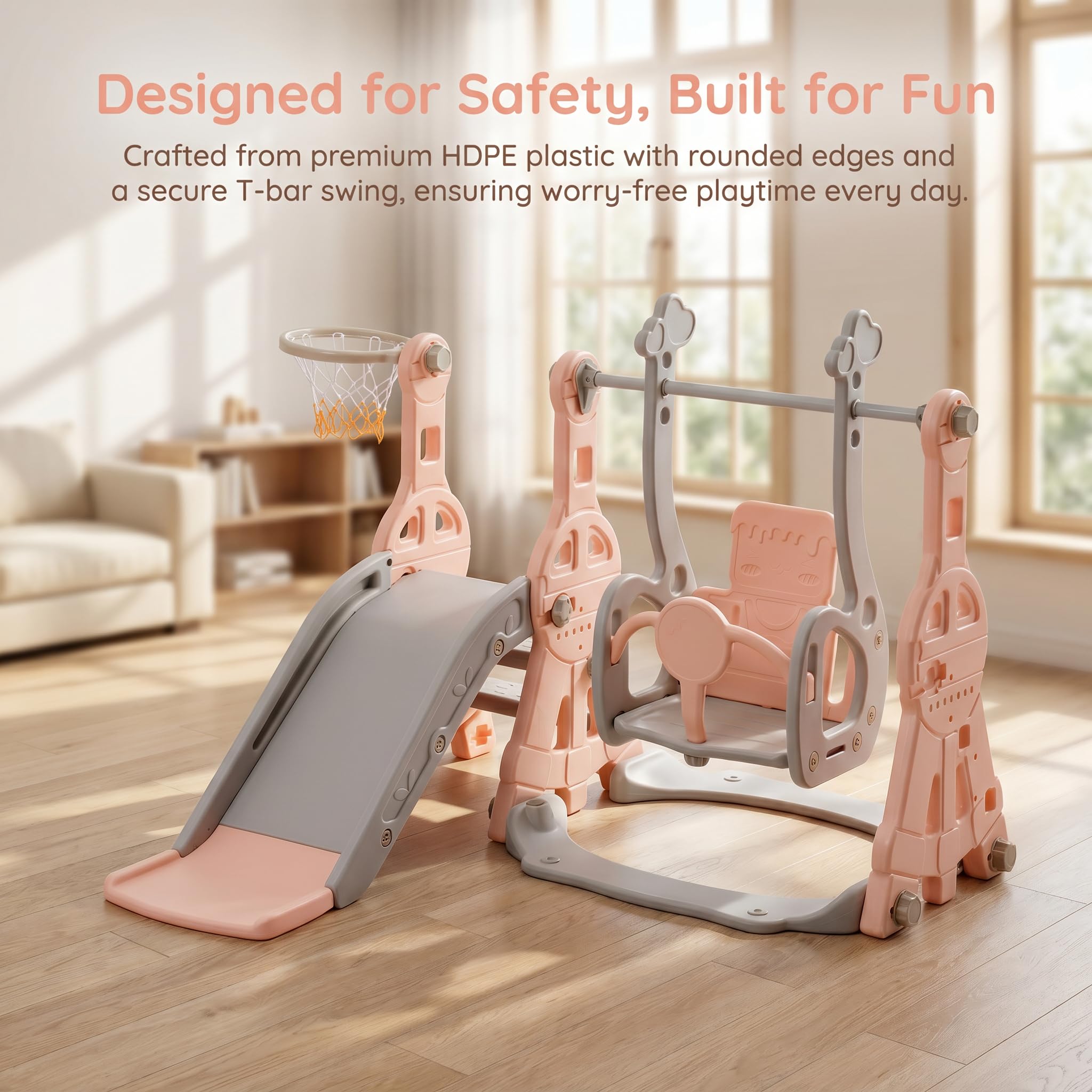 Parco giochi per bambini 4 in 1 con scivolo e altalena, gioco da interno ed esterno con cestino da basket e scala, gioco per bambini in plastica, centro giochi per neonati da giardino (rosa, A)