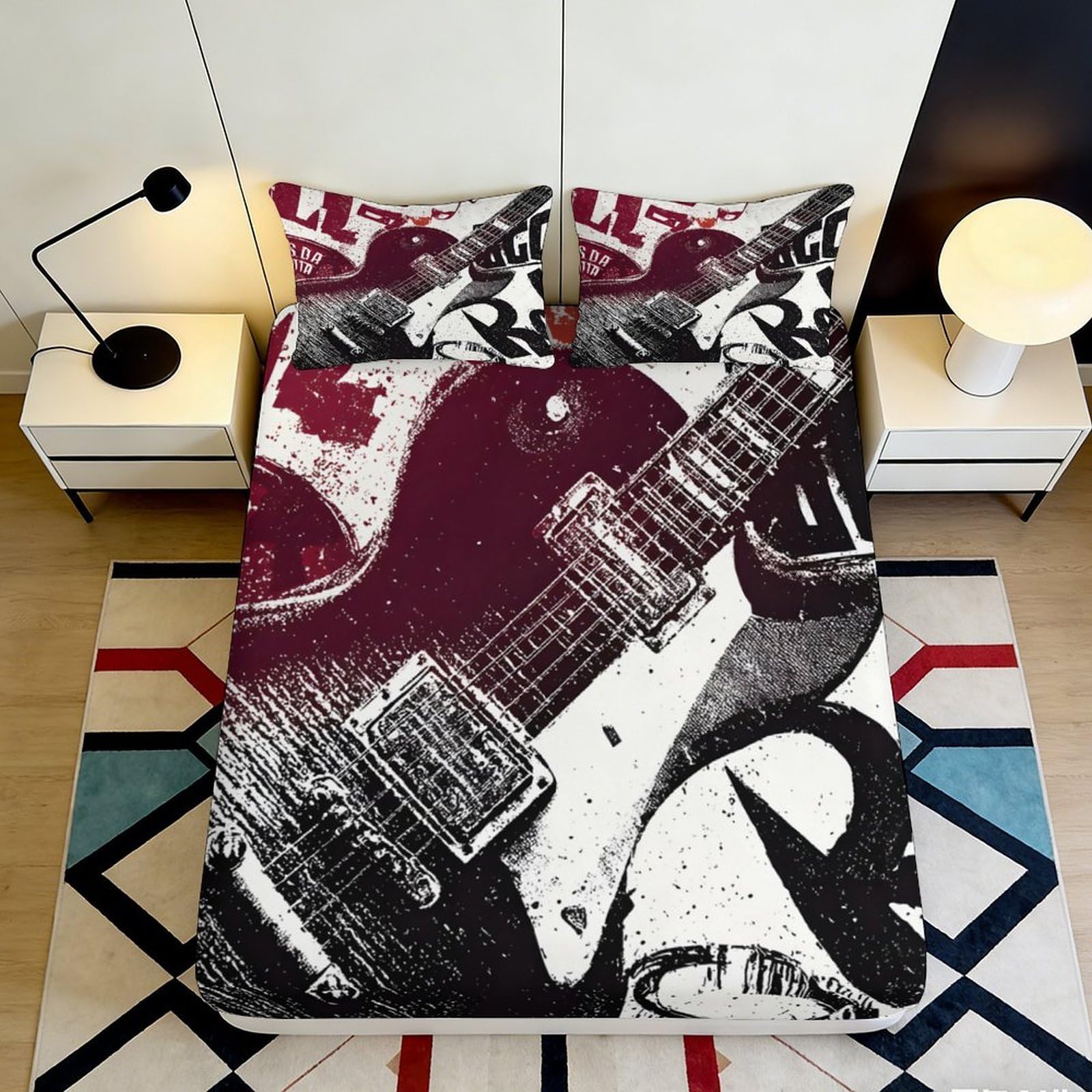 Pnayamiorkfel Style-5 3D Printed Electric Guitar Fitted Sheet Microfiber Music Art Mattress Cover For Bedroom Guest Room Rock Style Decor 90X200x25cm