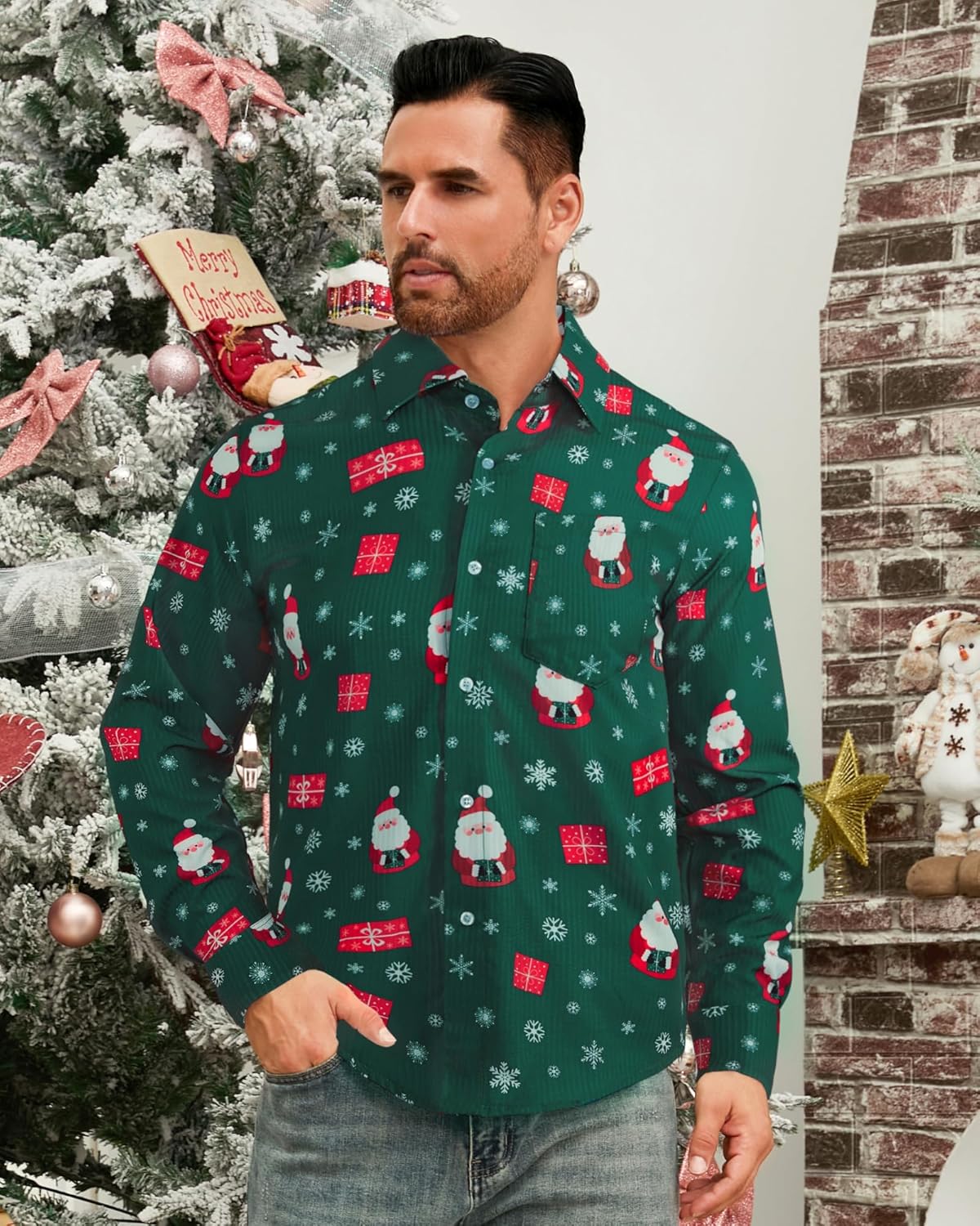 BOJIN Men's Dress Wrinkle-Free Floral Hawaiian Long Sleeve Flower Printed Casual Button Down Shirts with Pocket - Image 3