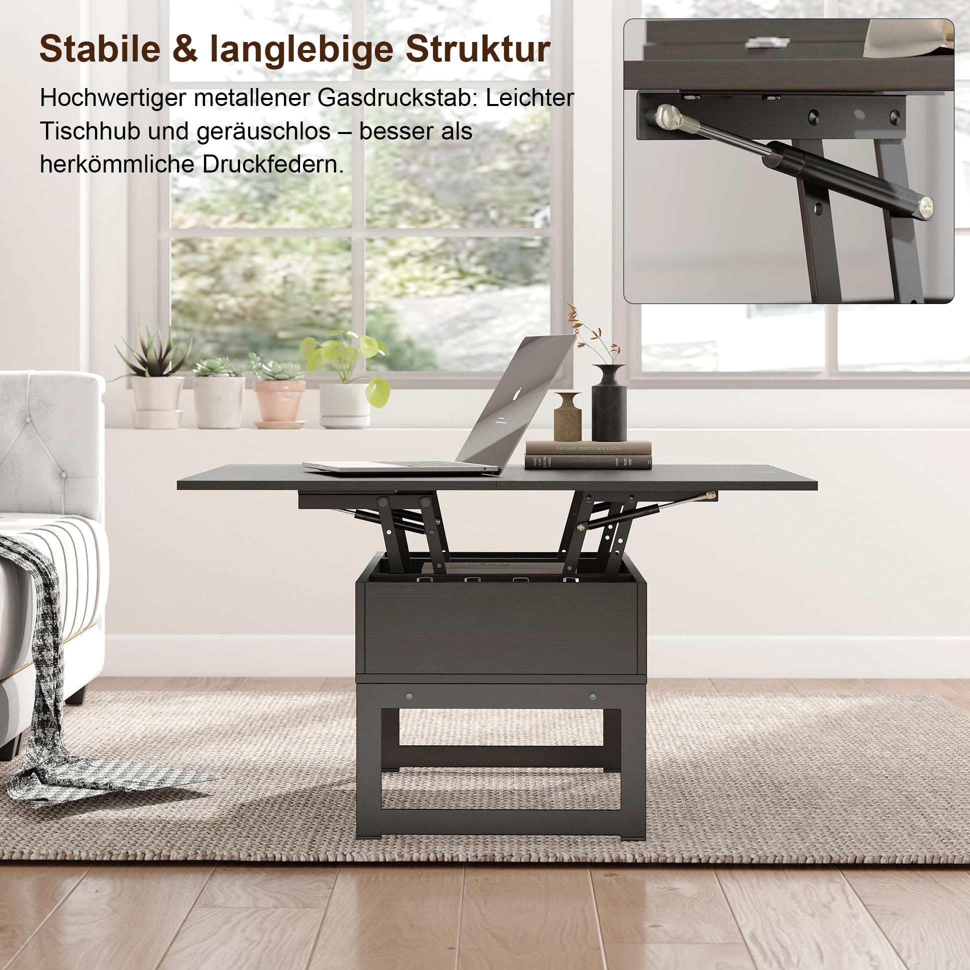 Manora Höhenverstellbar Couchtisch Ausziehbar,Wohnzimmertisch mit stauraum,Couchtisch Verstellbar,Kaffeetisch aus Holz Sofatisch für Wohnzimmer,Industrial Style (Bräunlich-schwarz)