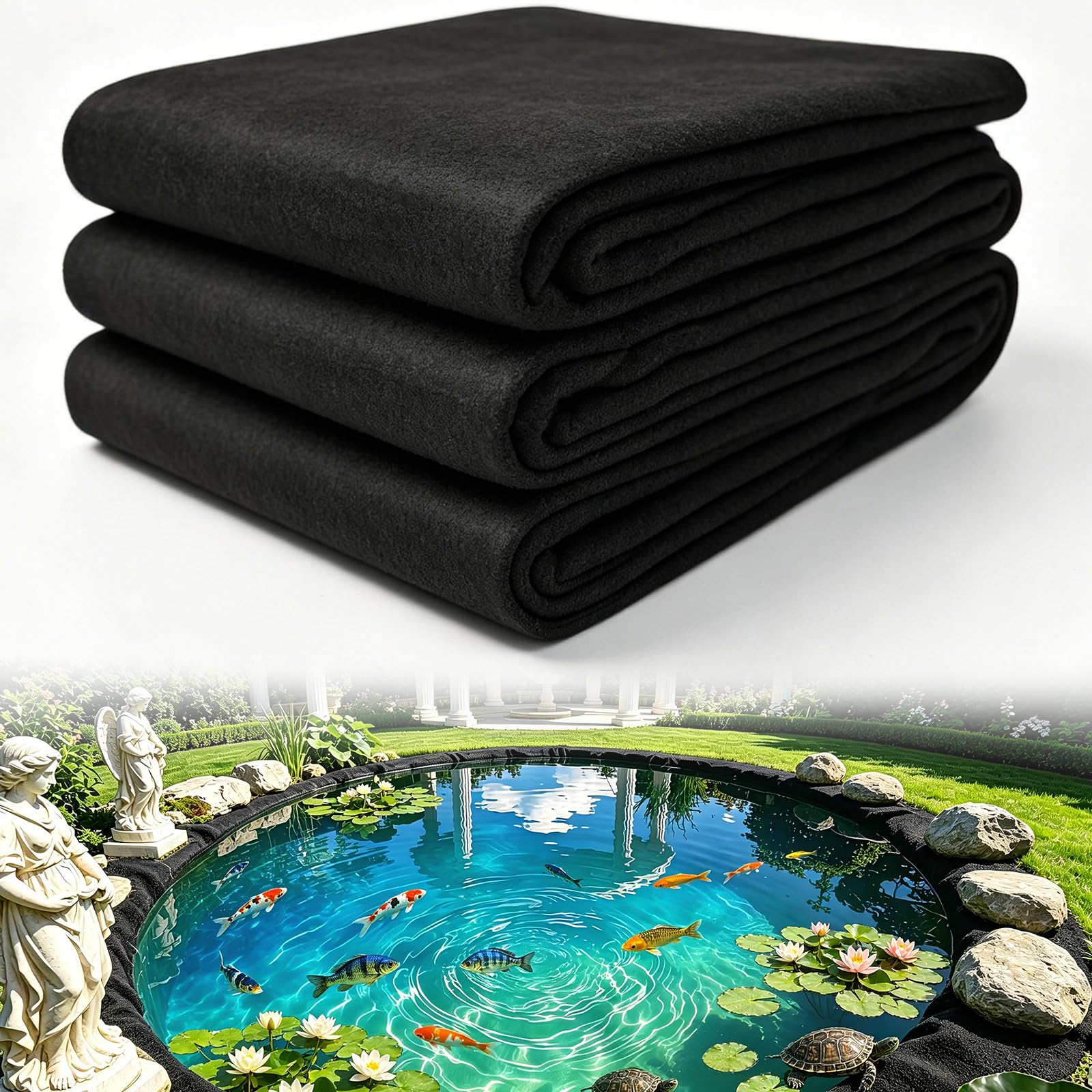 Convivium 7.5 oz Pond Liner Underlayment Padding, Nonwoven Needle-Punched Polyester Geotextile Fabric w/10 U-Pins Staples, for HDPE/EPDM/PVC/RPE Liners, Fish &amp; Koi Ponds (7ft. x 10ft.)