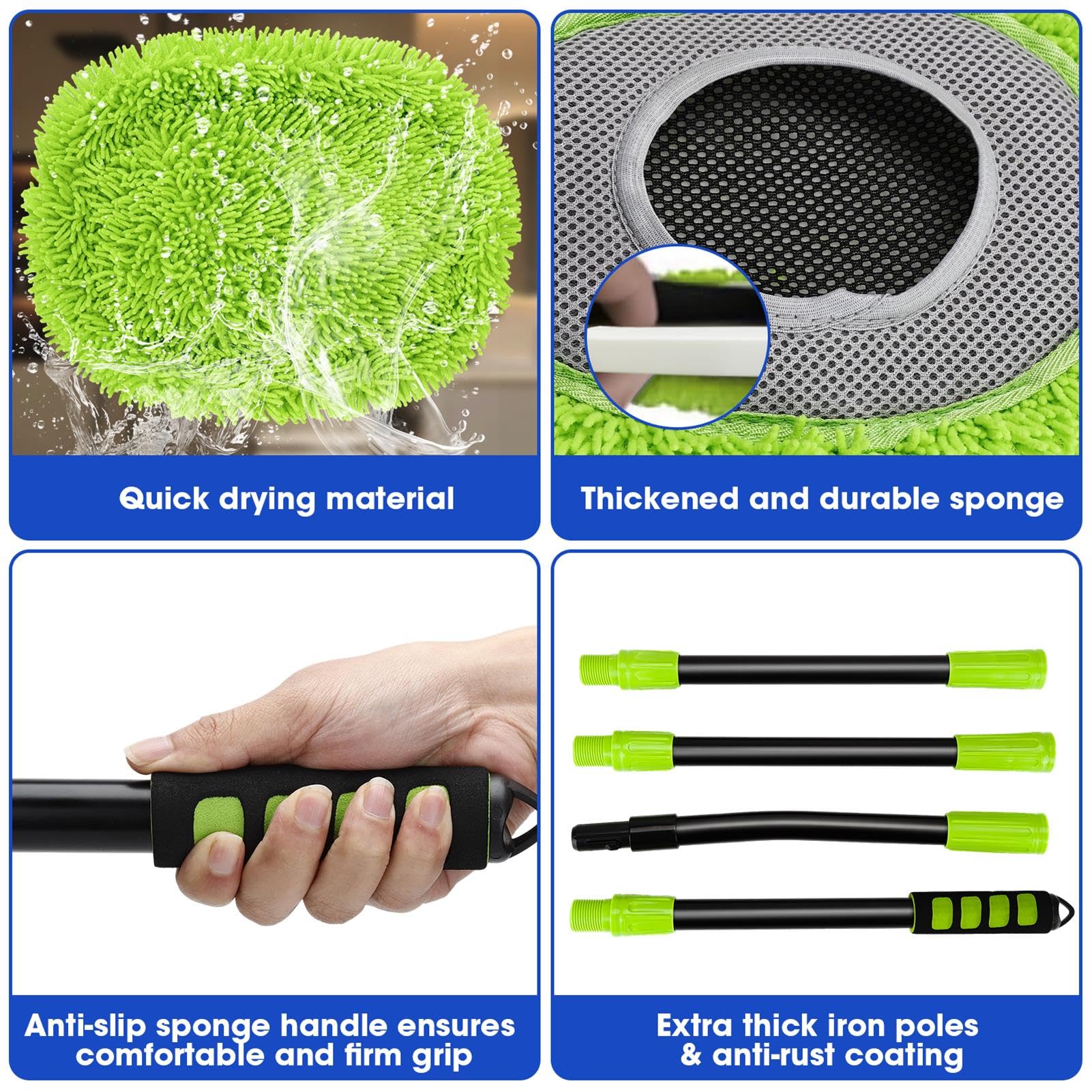 Limpiador de pared, Max 63 pulgadas, mopa verde con mango largo, trapeador de polvo de techo con poste de extensión de 15° que ahorra trabajo, cepillo de limpieza de zócalo, herramienta de cepillo de