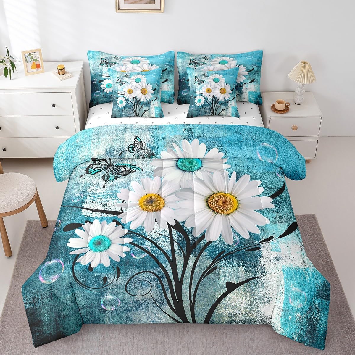Erosebridal Bed in A Bag Teal Blue Comforter Set Queen,Turquoise Ombre Rose Bedding Set 7 Piece,Watercolor Contemporary Artwork Reversible Bed Set with Sheet Set,Bedroom Decor